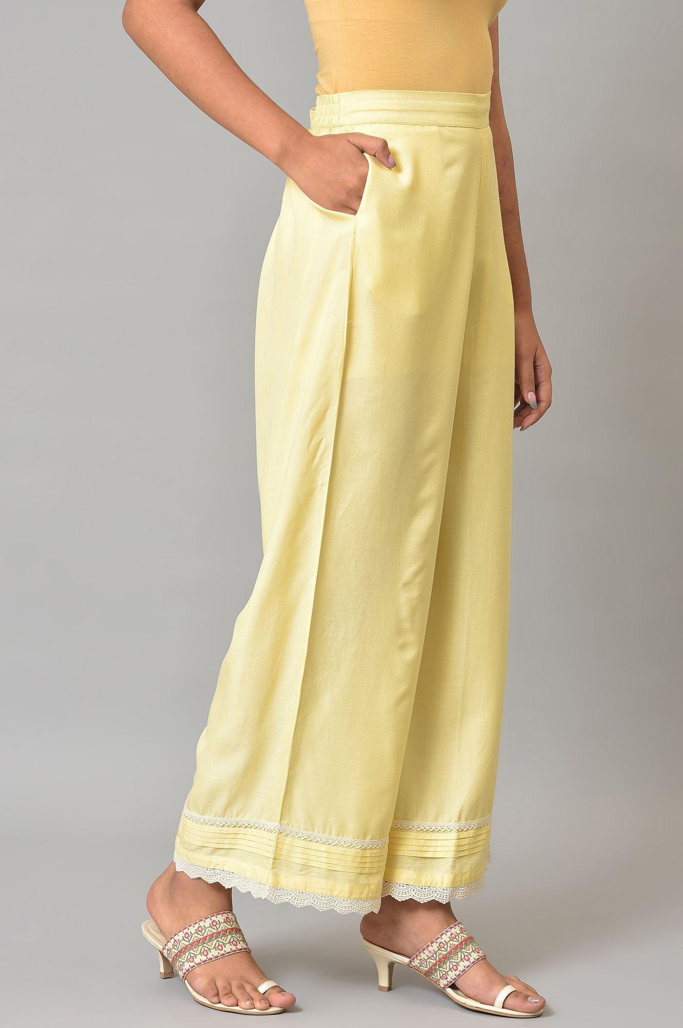 Lemonade Yellow Parallel Pants With Lace Border - wforwoman
