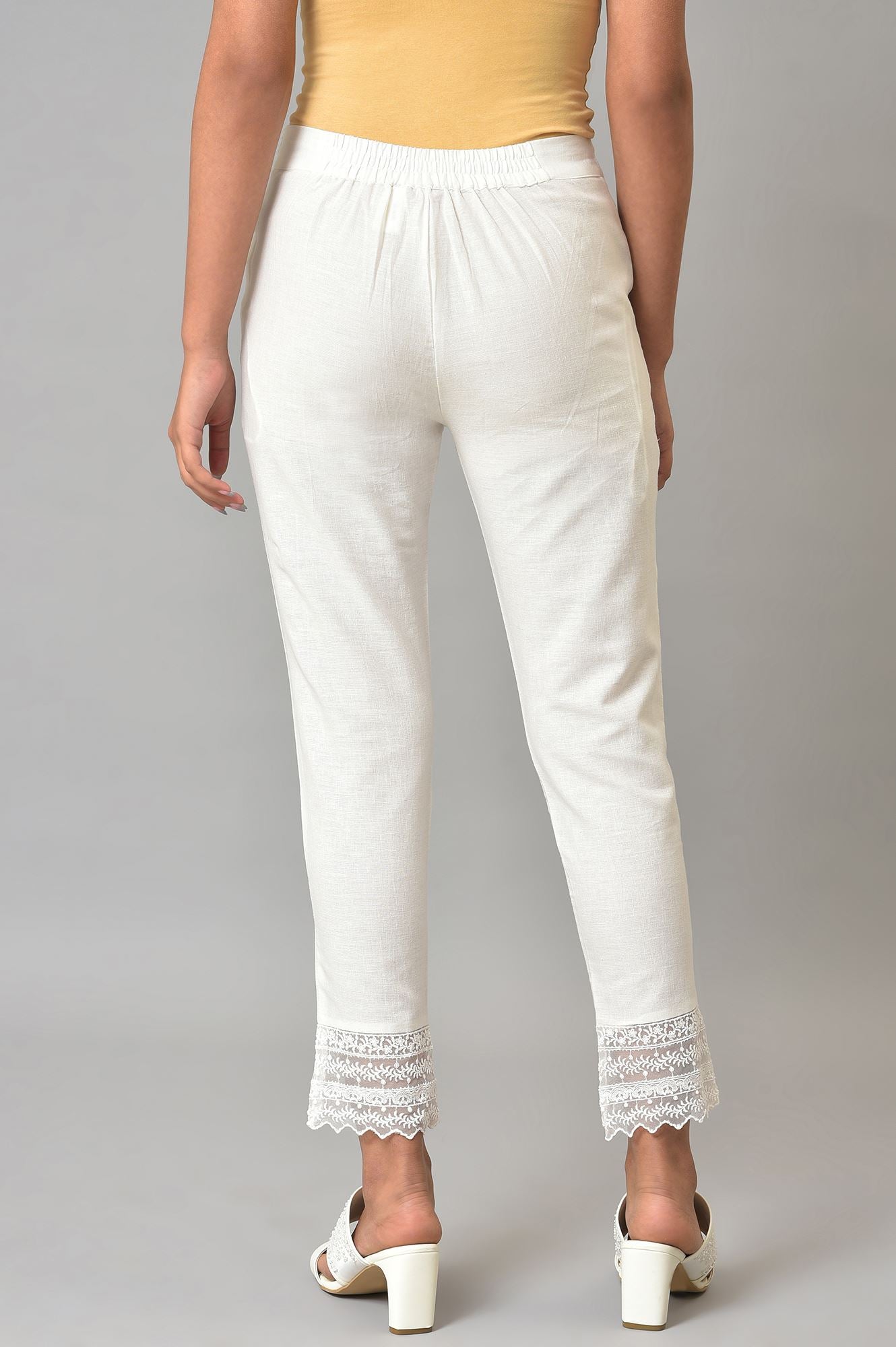 White Solid Cotton Flax Slim Pant with Embellished Hemline