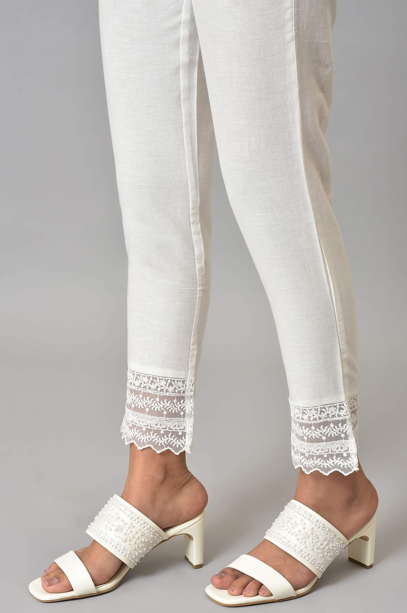 Ecru Solid Slim Pants With Lace - wforwoman