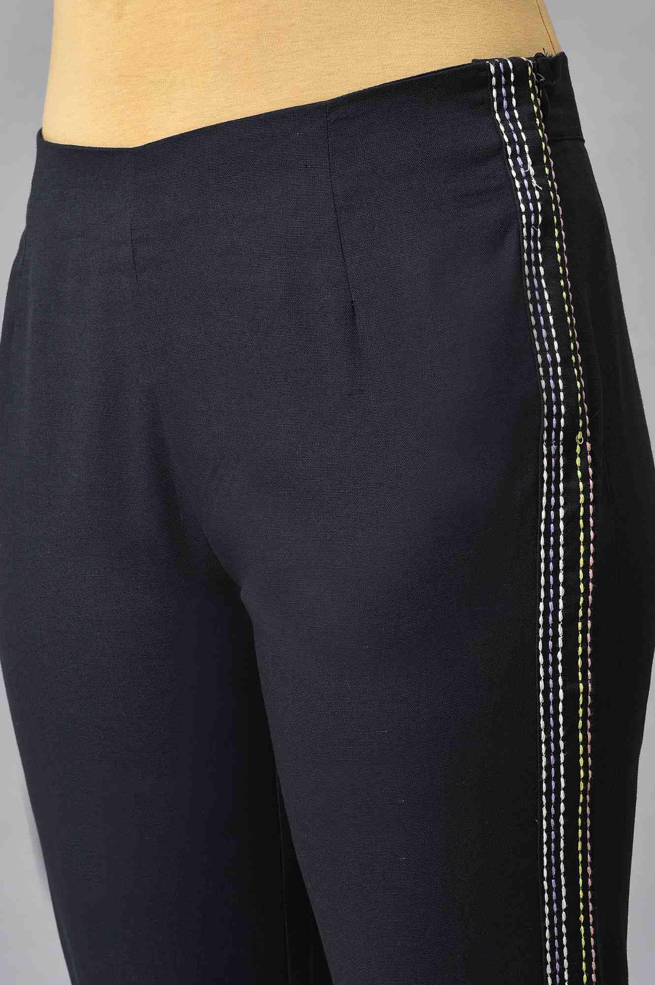 Black Parallel Pants With Side Embroidery - wforwoman