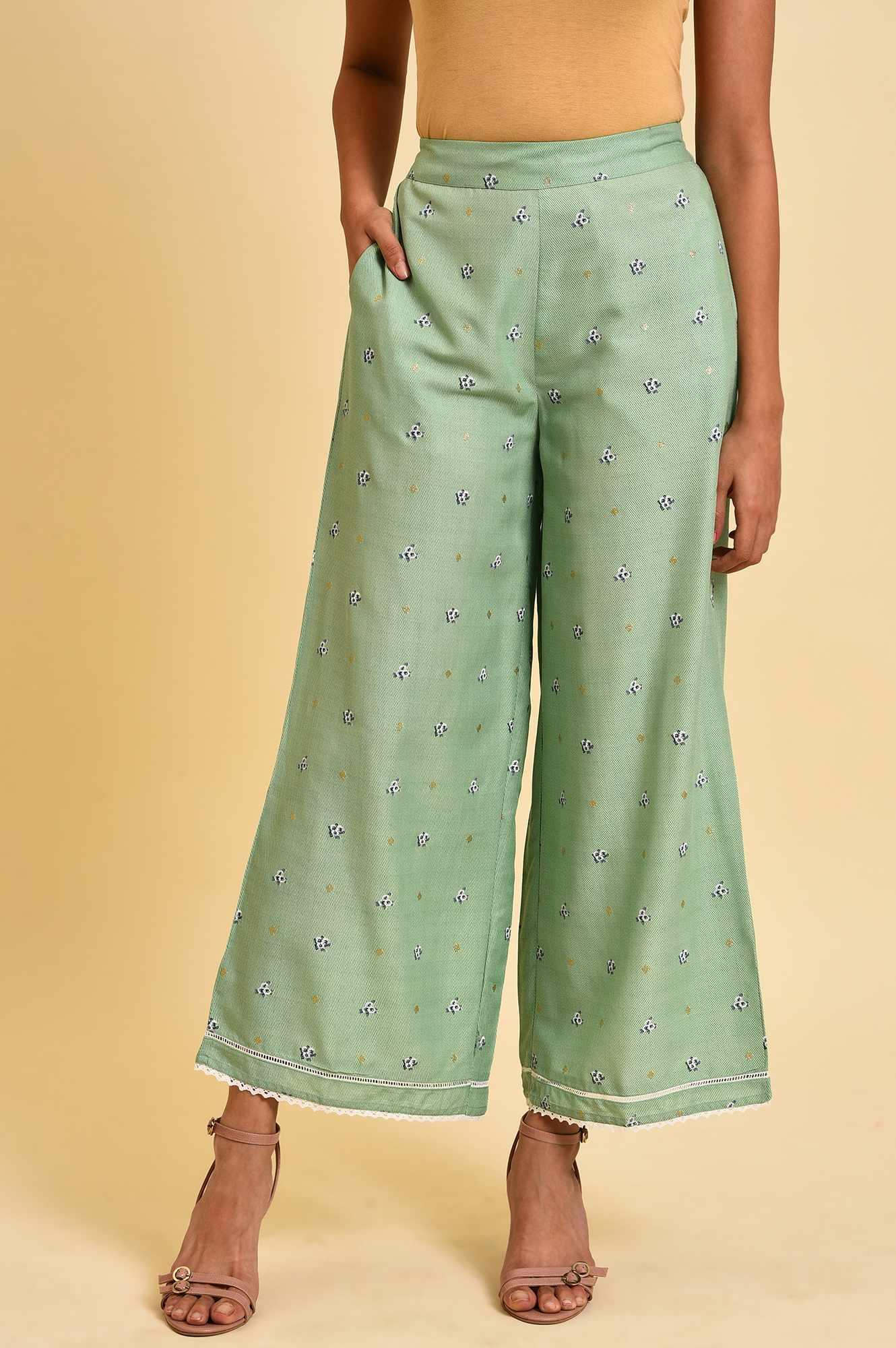 Light Green Floral Printed Parallel Pants - wforwoman