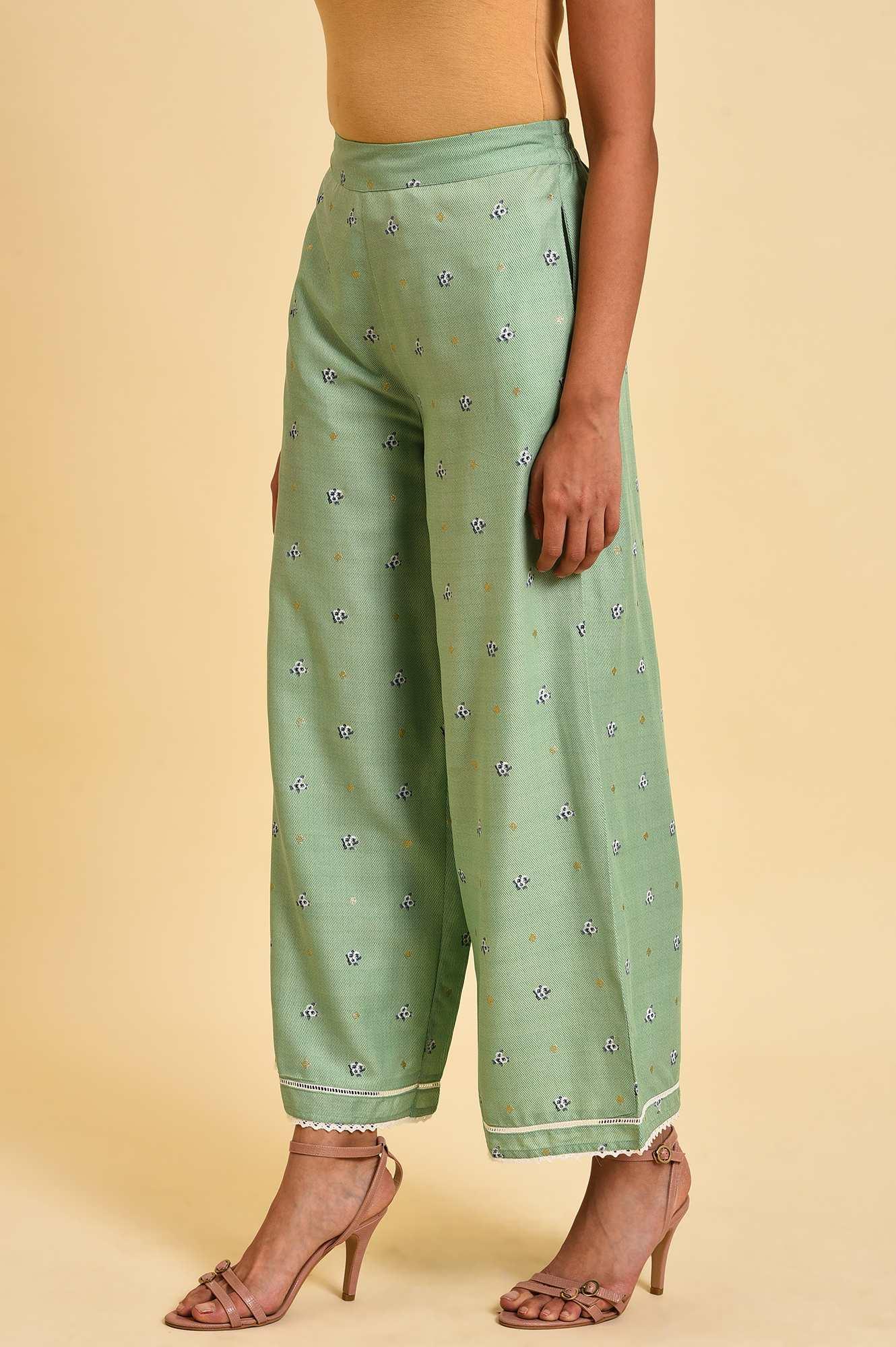 Light Green Floral Printed Parallel Pants - wforwoman