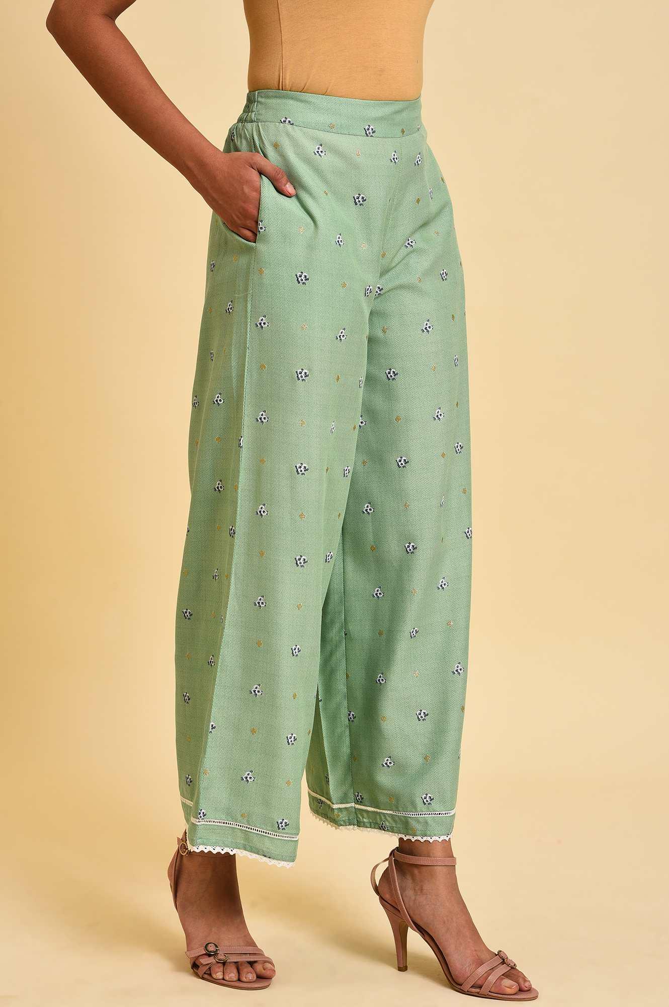 Light Green Floral Printed Parallel Pants - wforwoman