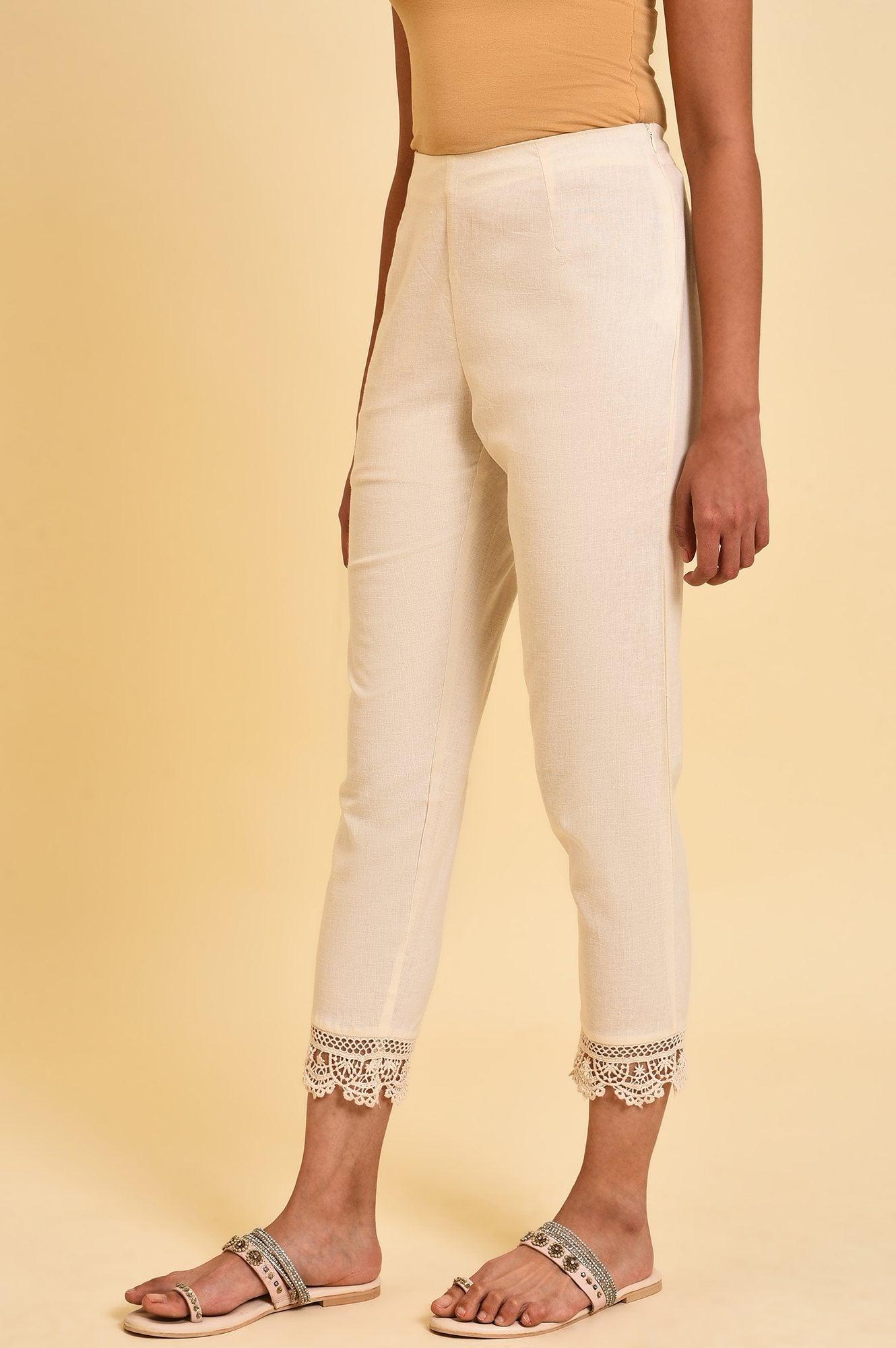 Ecru Lace Cotton Flax Slim Pants - wforwoman
