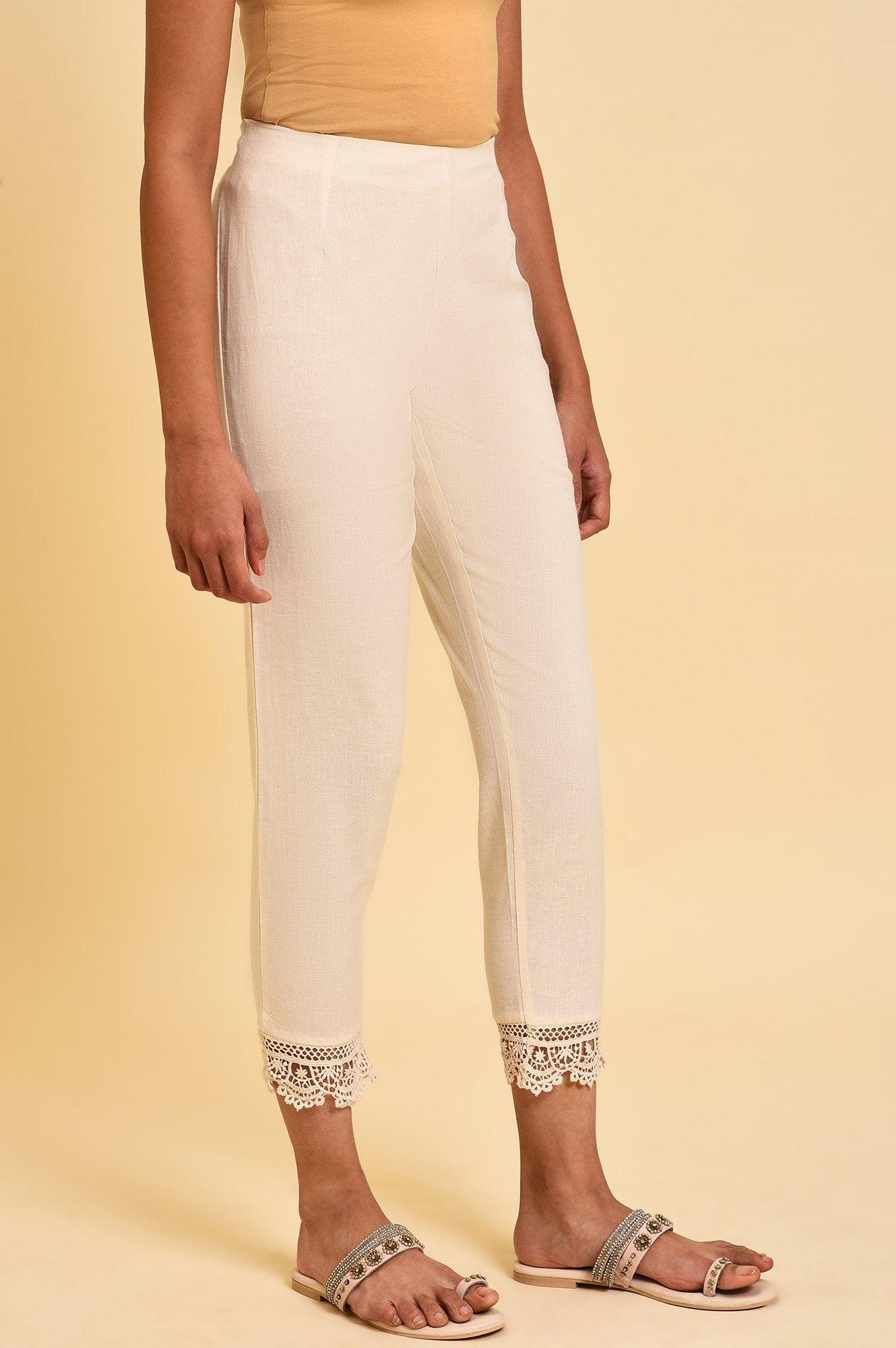 Ecru Lace Cotton Flax Slim Pants - wforwoman