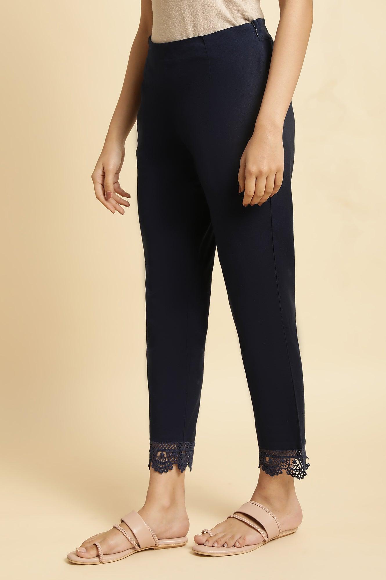 Blue Lace Cotton Flax Slim Pants - wforwoman