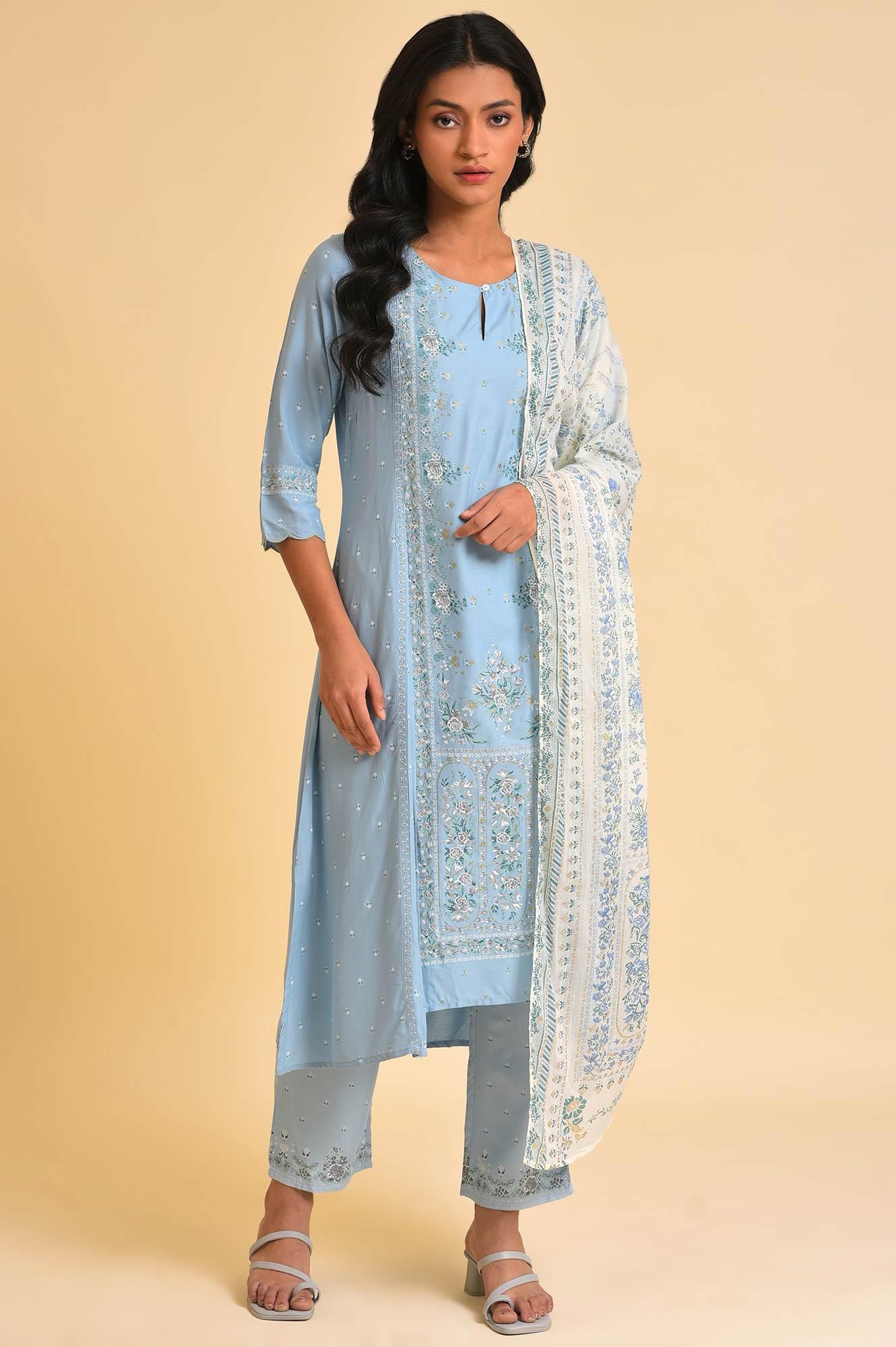 Blue Printed Slim Pants - wforwoman