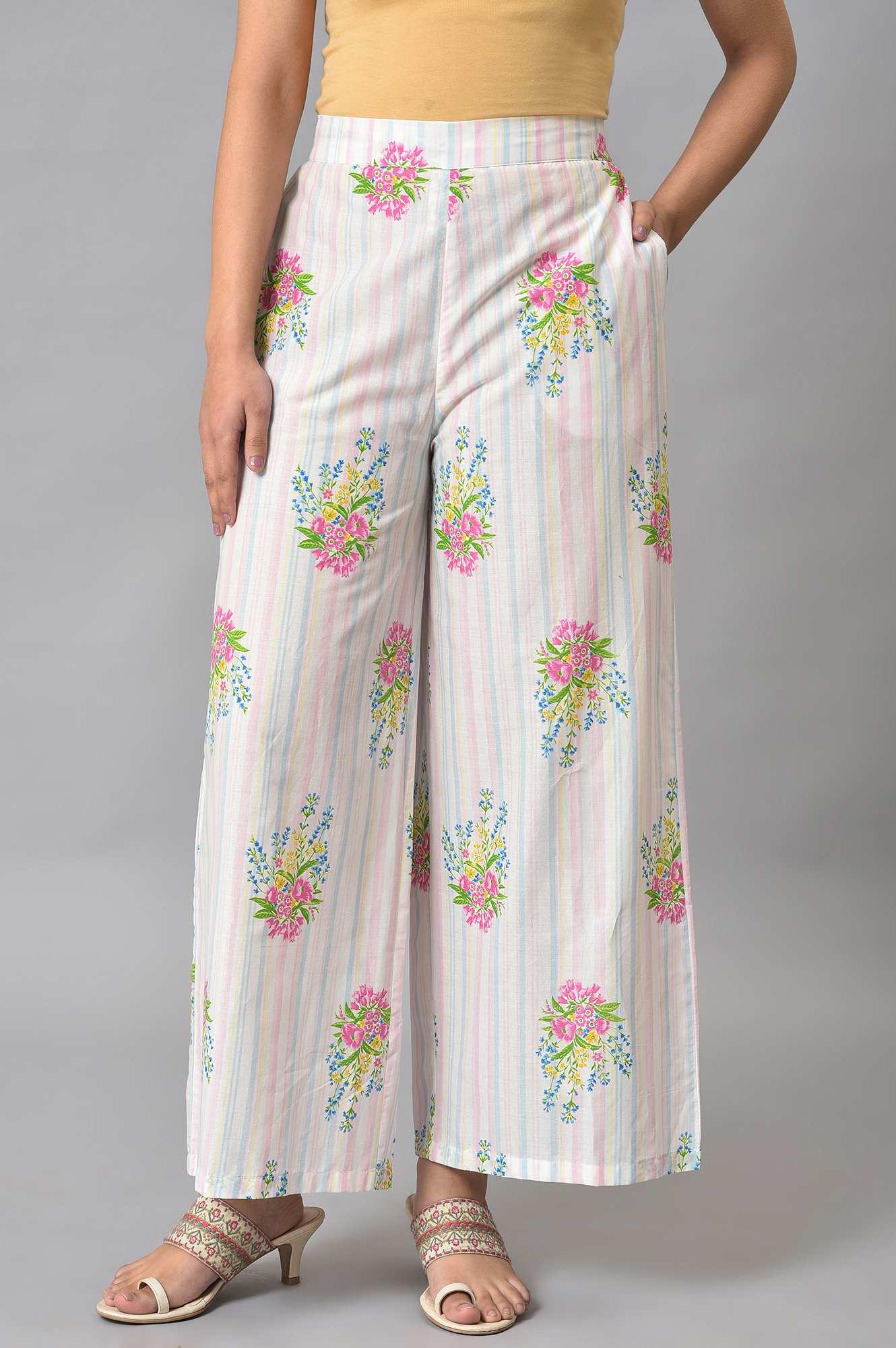 Ecru And Pink Floral Printed Parallel Pants - wforwoman