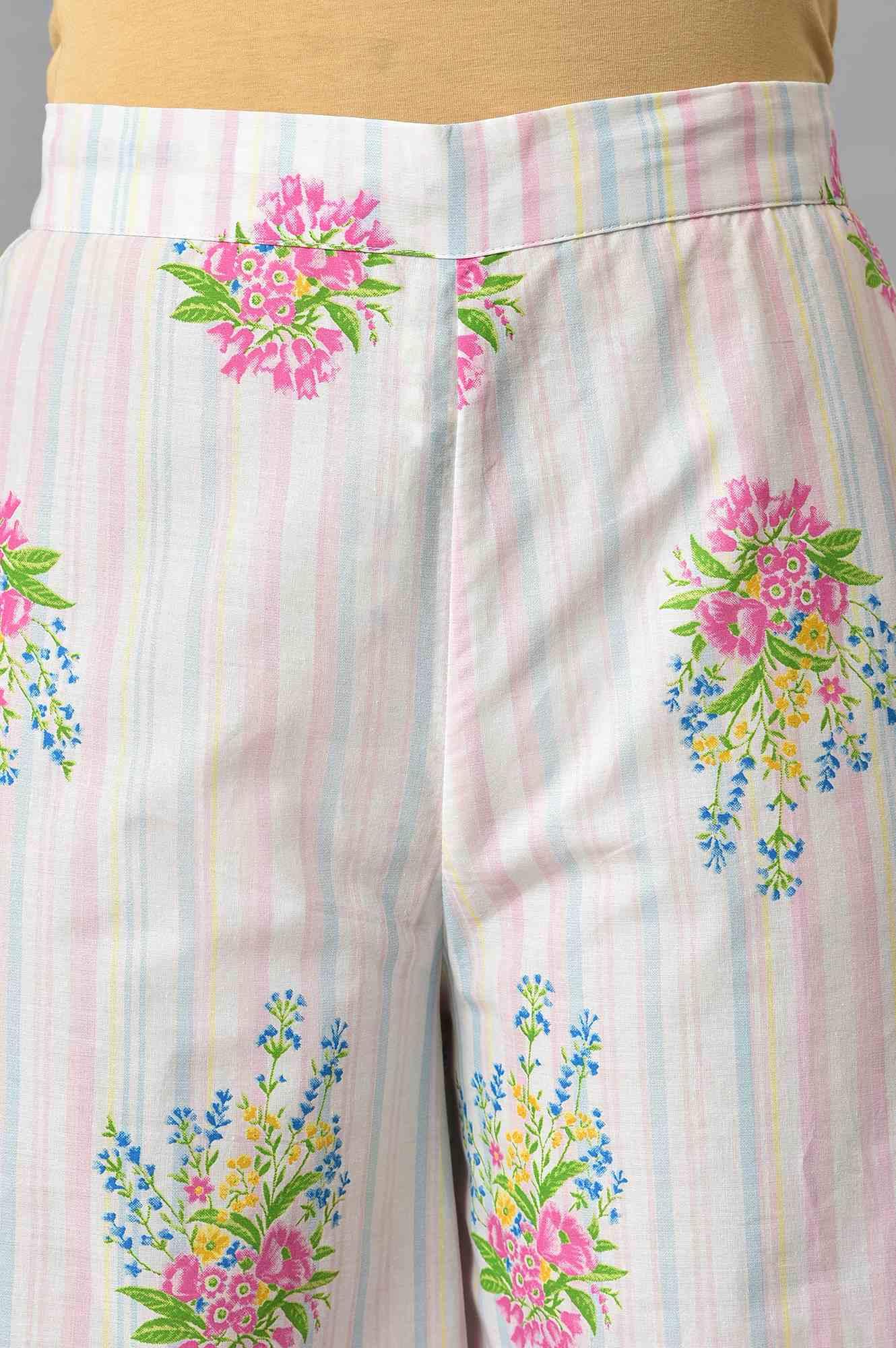 Ecru And Pink Floral Printed Parallel Pants - wforwoman