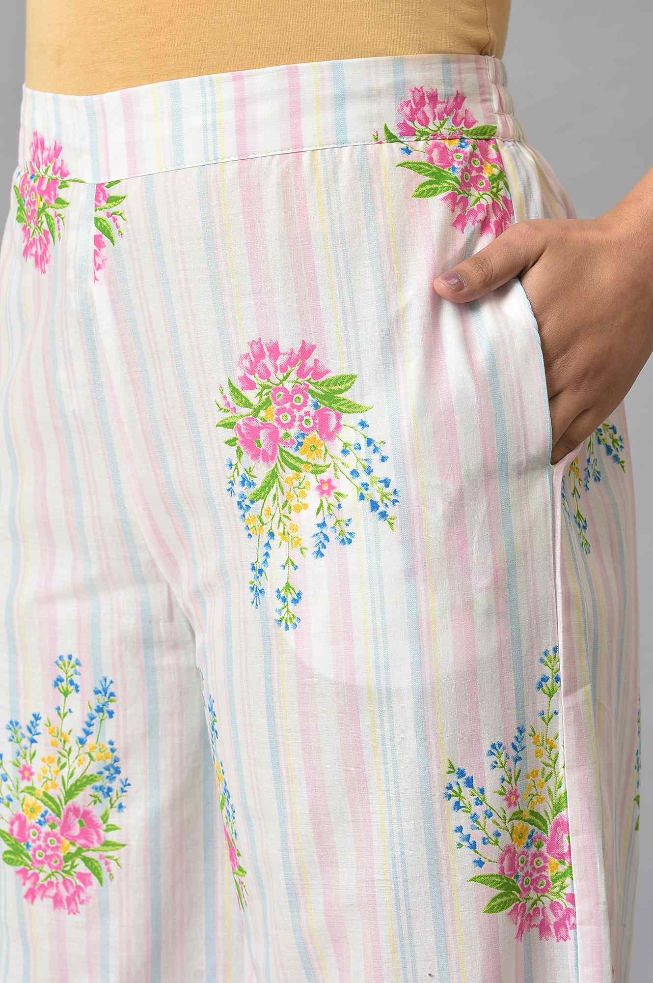 Ecru And Pink Floral Printed Parallel Pants - wforwoman