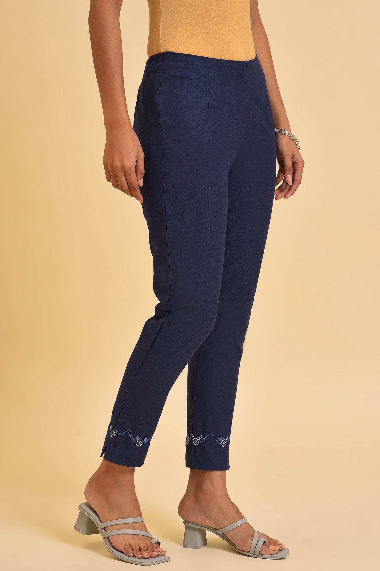 Navy Blue Cotton Slim Pants With Embroidered Hem - wforwoman
