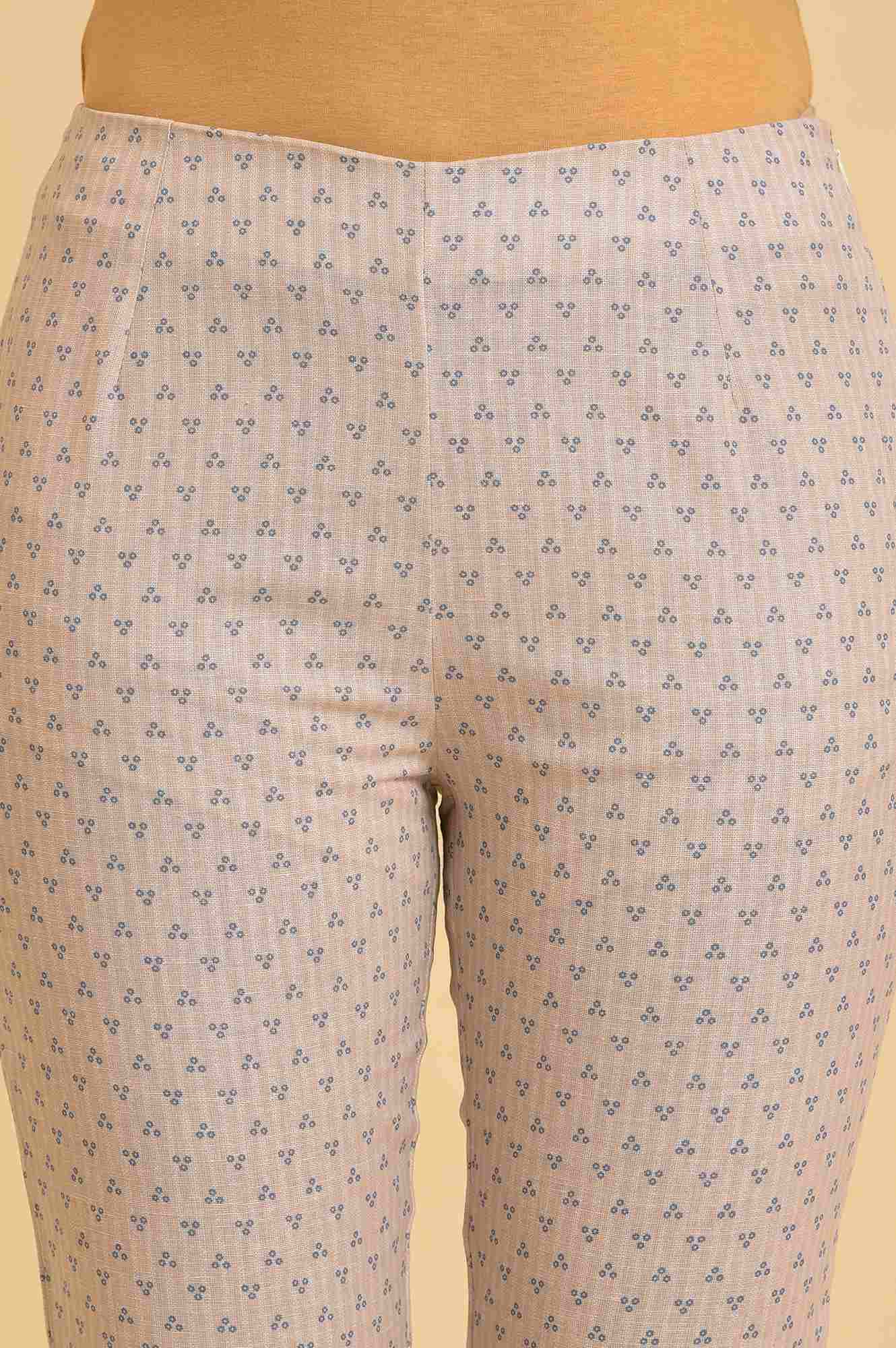 Beige Striped Thread Embroidered Pure Cotton Straight Kurta and Slim Pant Set