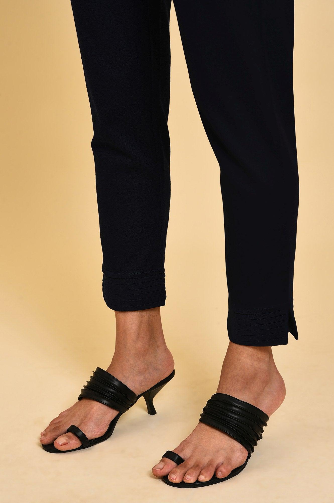Blue Slim Pants With Pleats At Hemline - wforwoman
