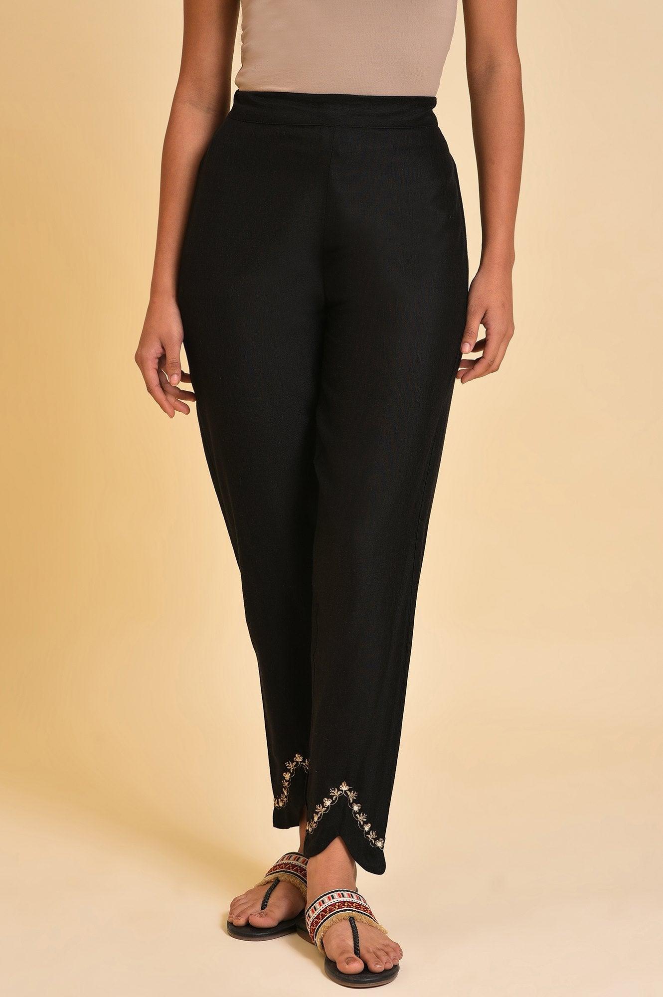 Black Embroidered Slim Pants - wforwoman