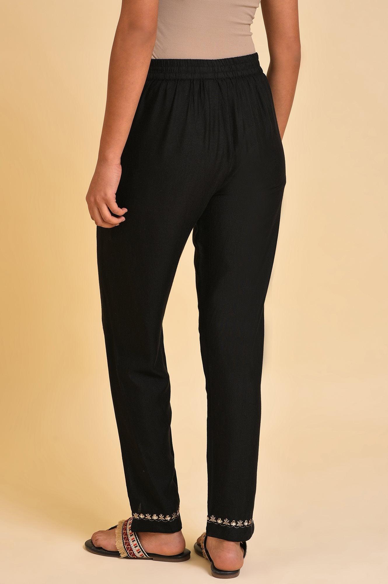 Black Embroidered Slim Pants - wforwoman