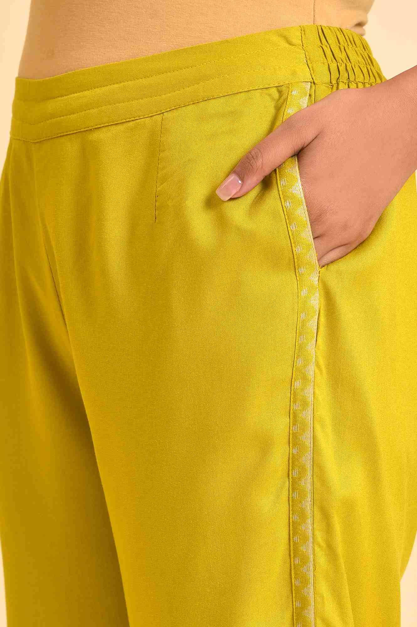 Green Lace Inserted Straight Pants - wforwoman