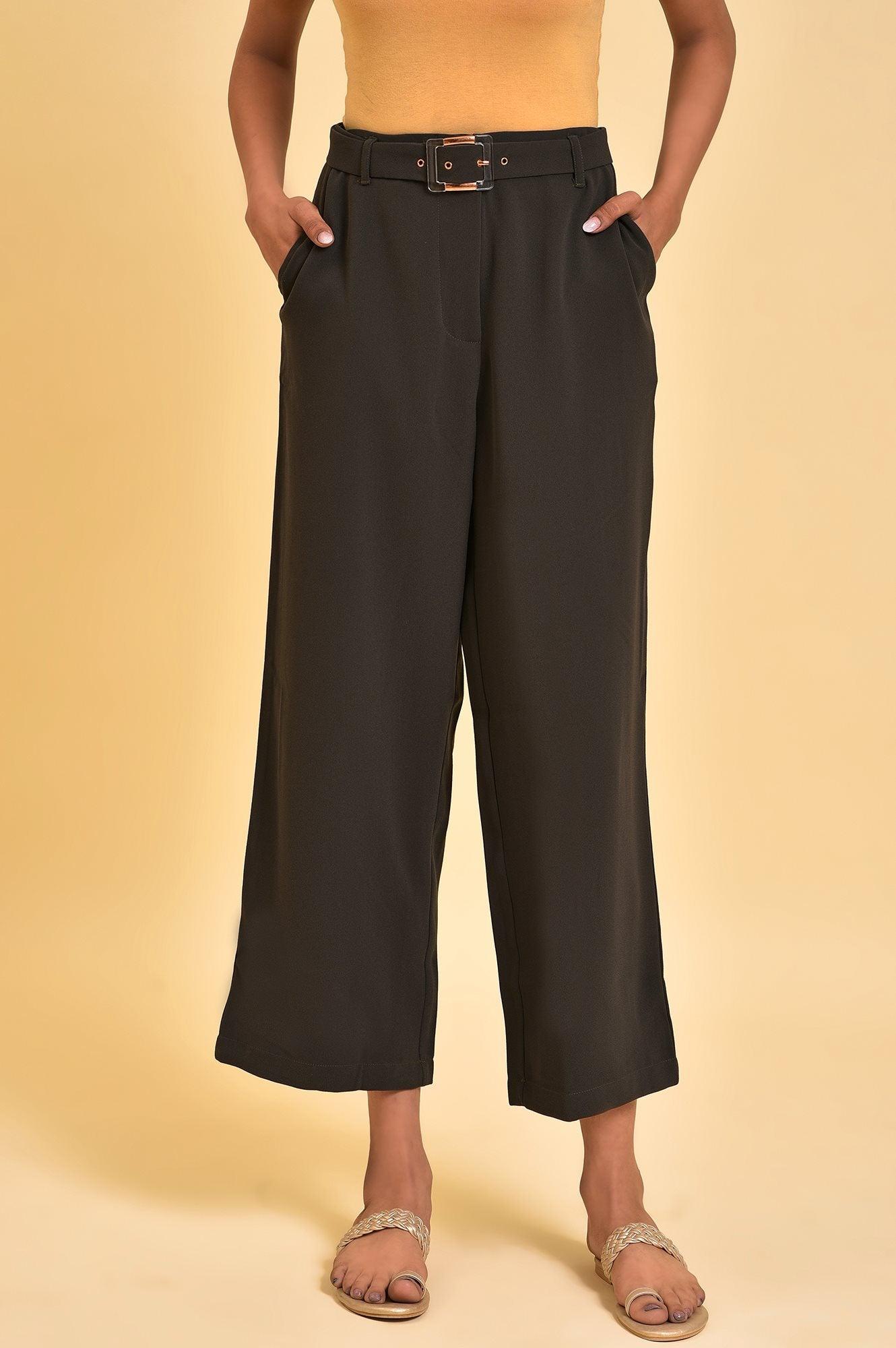 Dark Green Flared Pants With Belt - wforwoman