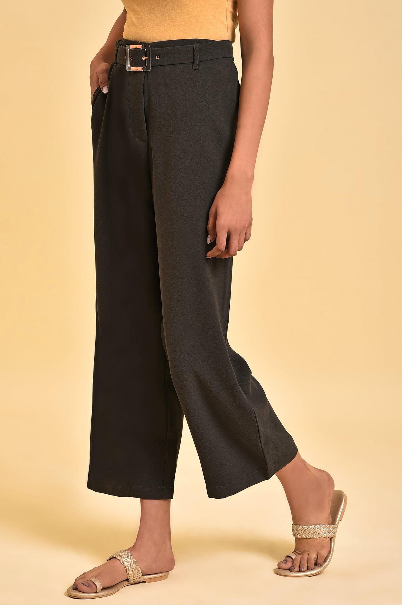 Dark Green Flared Pants With Belt - wforwoman