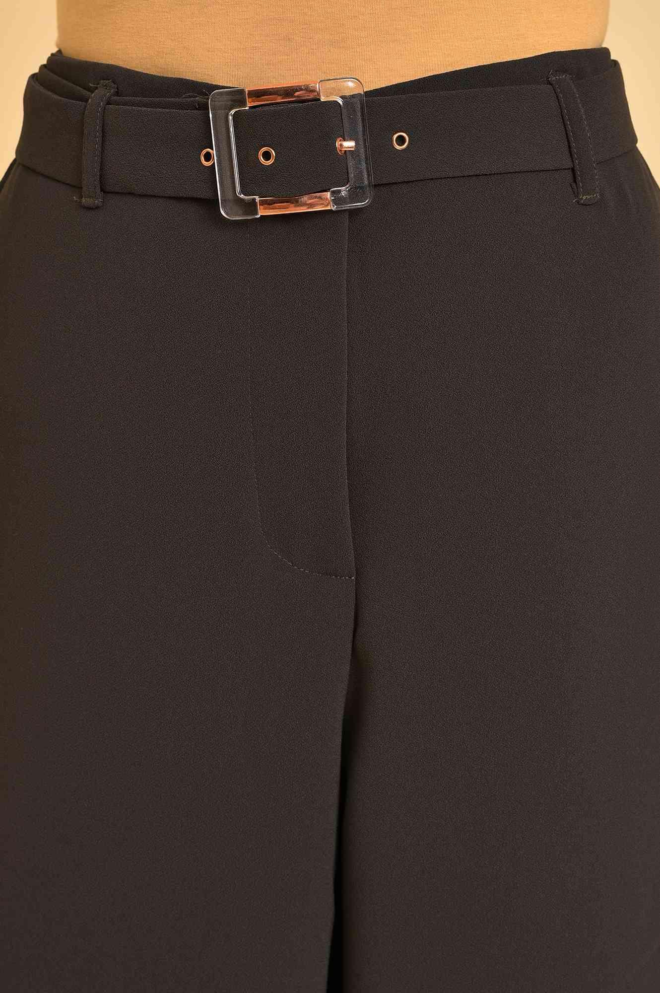 Dark Green Flared Pants With Belt - wforwoman