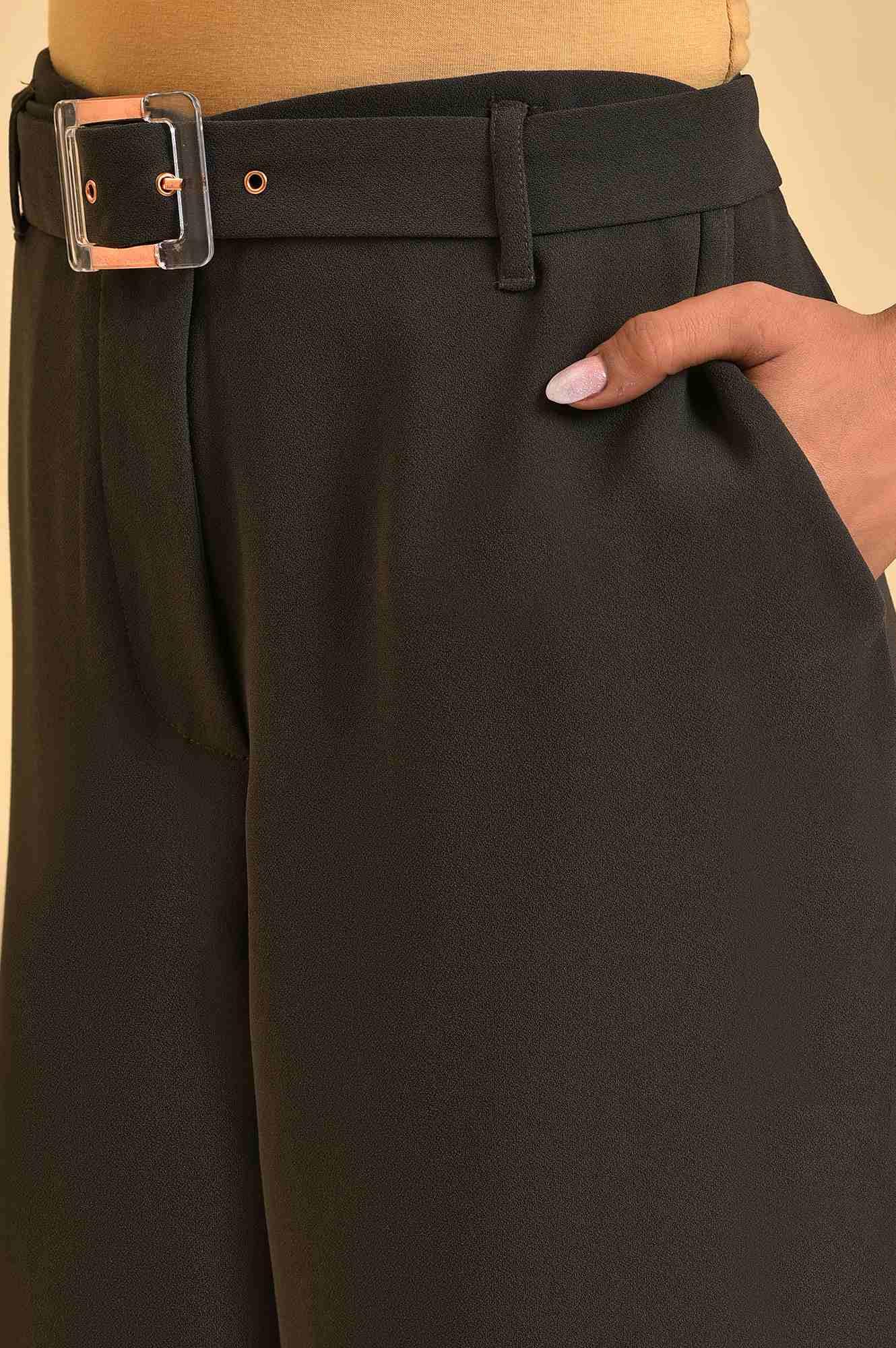 Dark Green Flared Pants With Belt - wforwoman