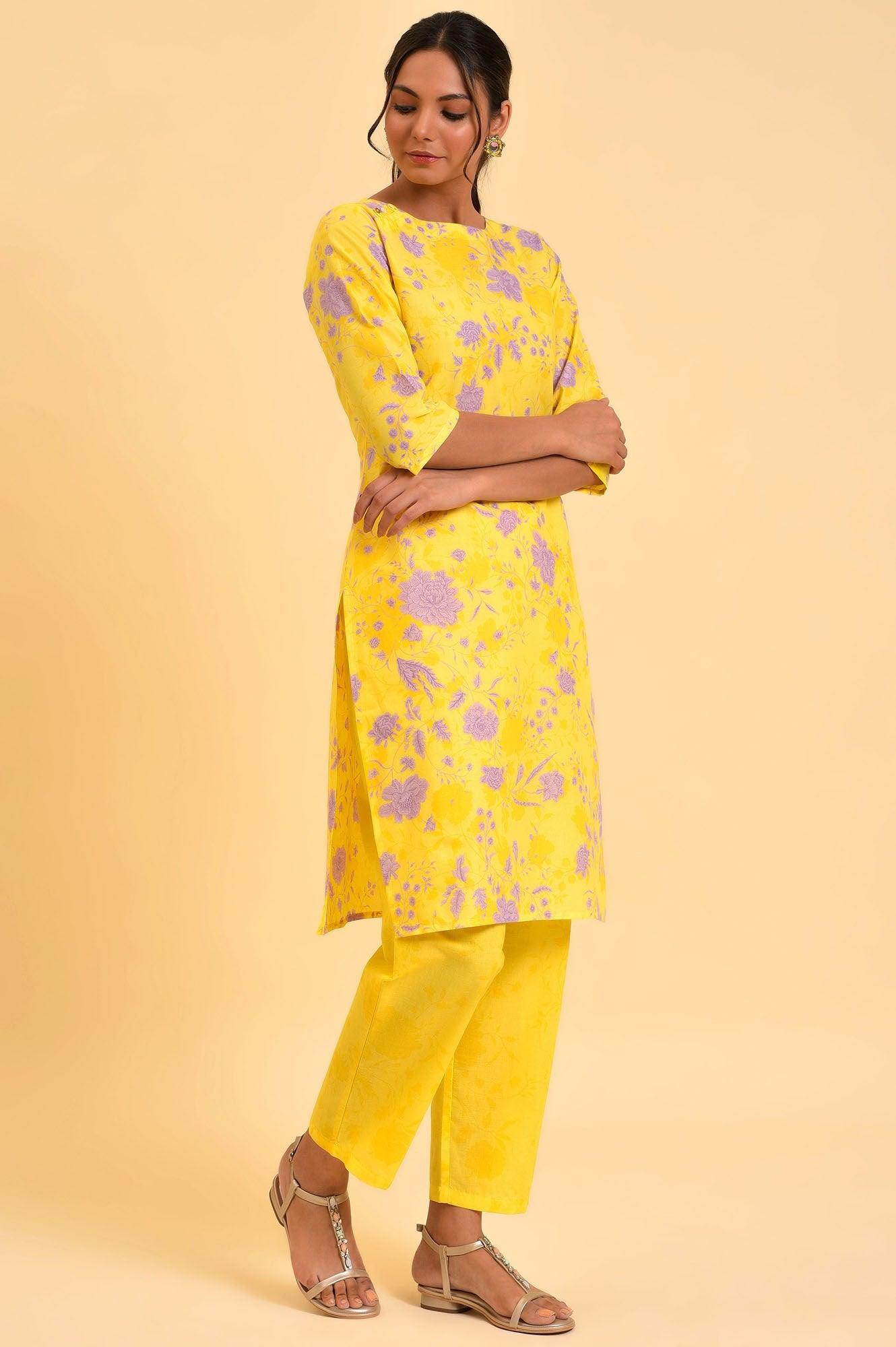 Yellow Floral Print kurta & Straight Pants Co-Ord Set - wforwoman