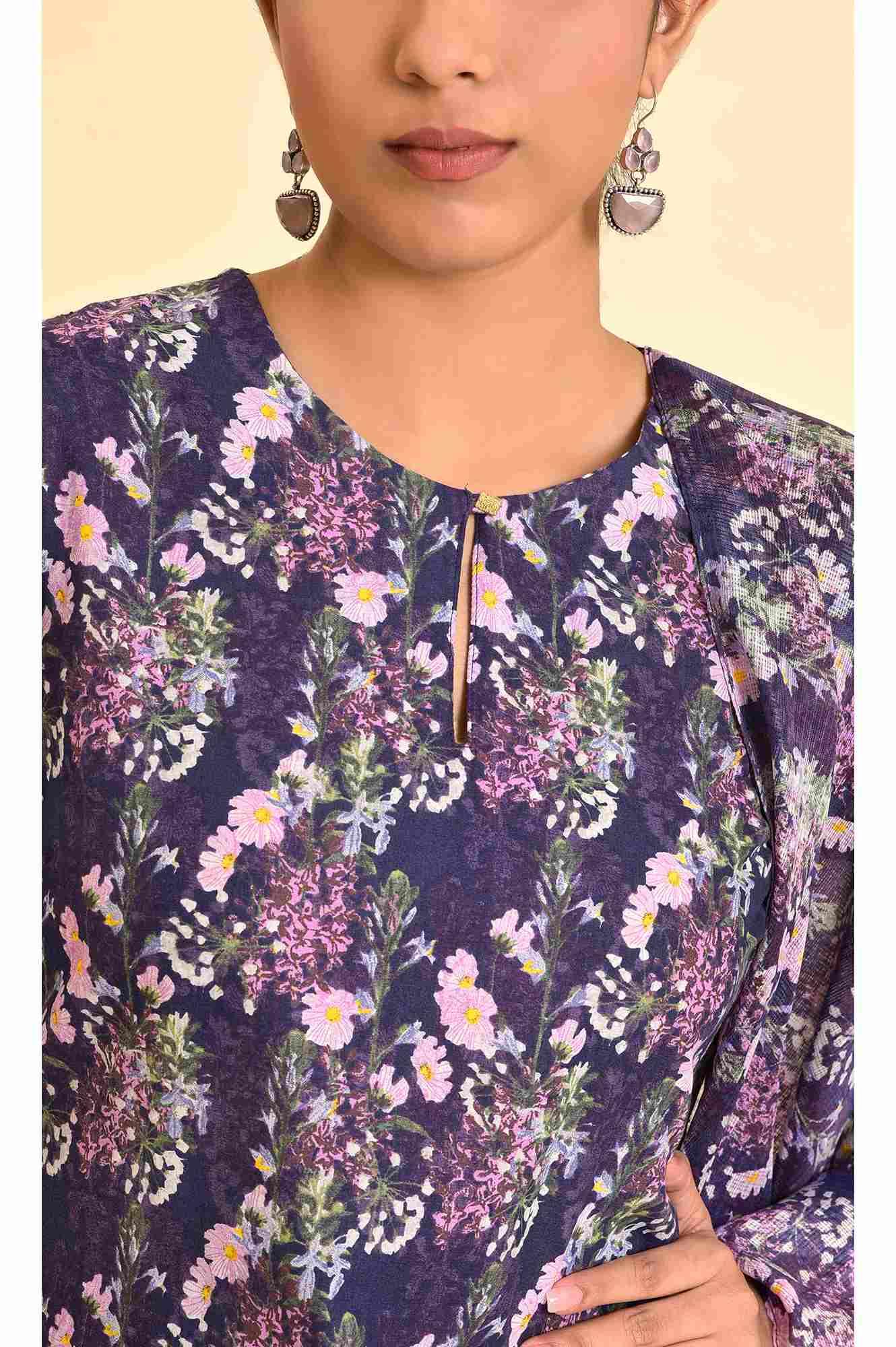 Purple Floral Printed Kurta, Pants & Dupatta Set - wforwoman