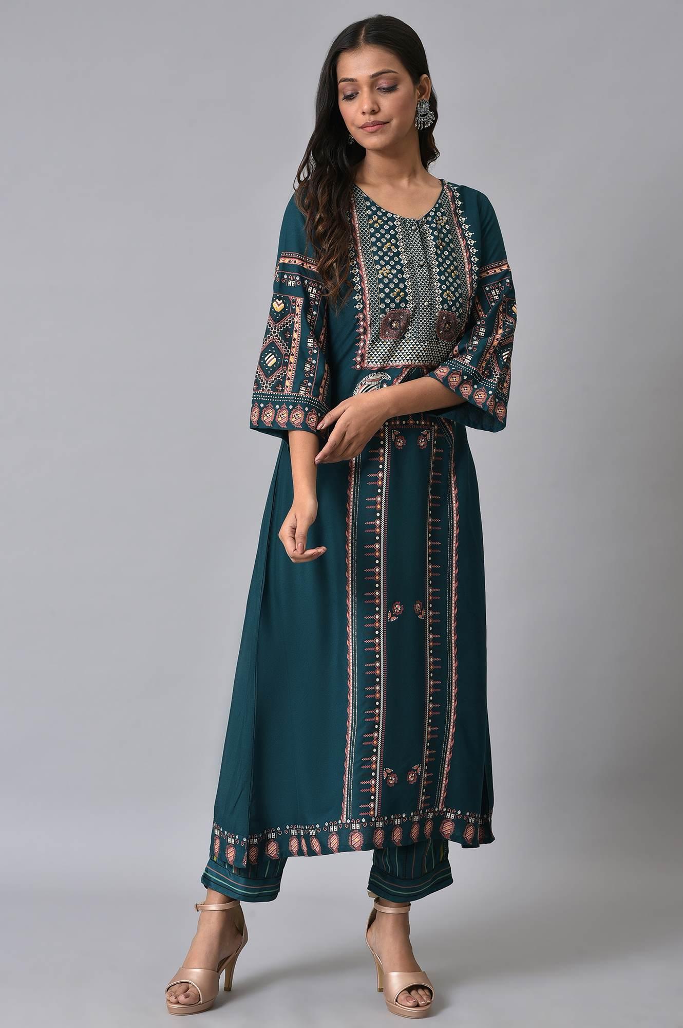 Teal Printed A-Line kurta Set - wforwoman