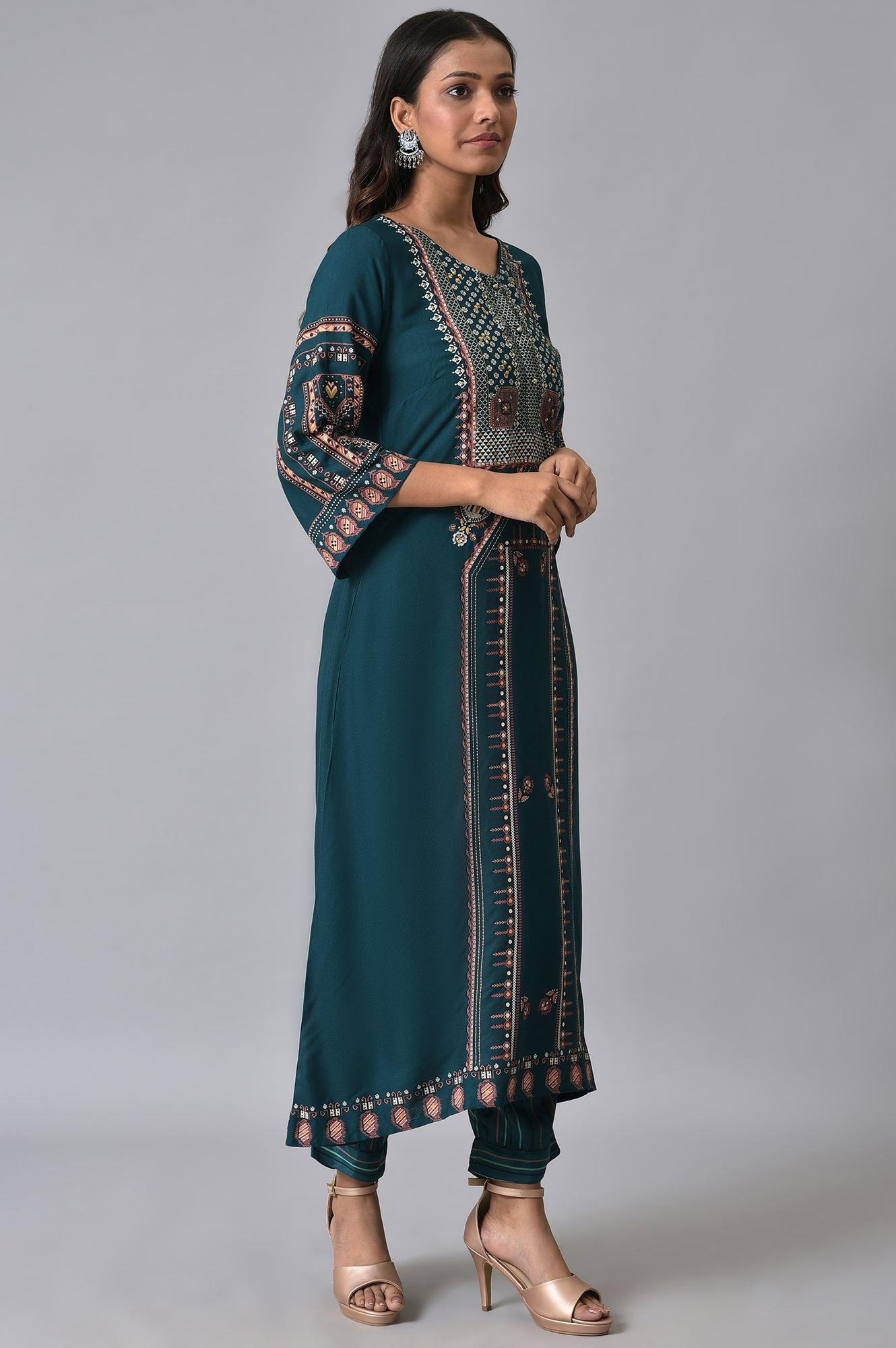 Teal Printed A-Line kurta Set - wforwoman