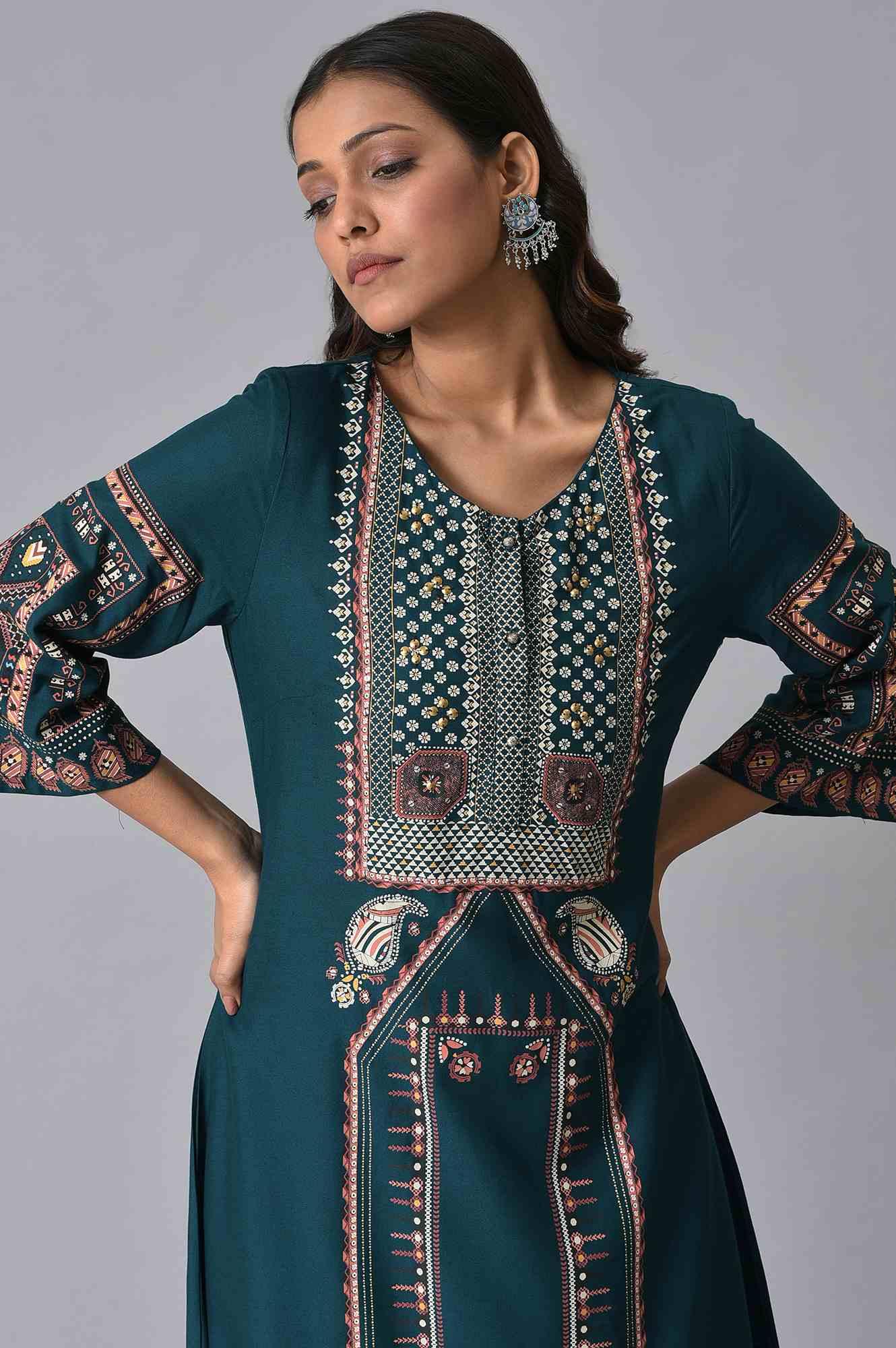 Teal Printed A-Line kurta Set - wforwoman