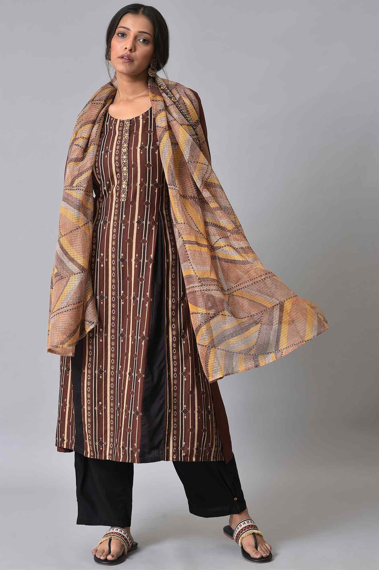 Brown Stripe Print kurta Set - wforwoman