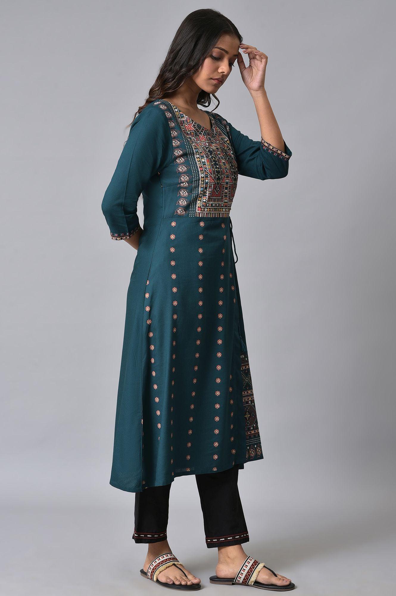 Teal Printed Mock-Layer kurta Set - wforwoman
