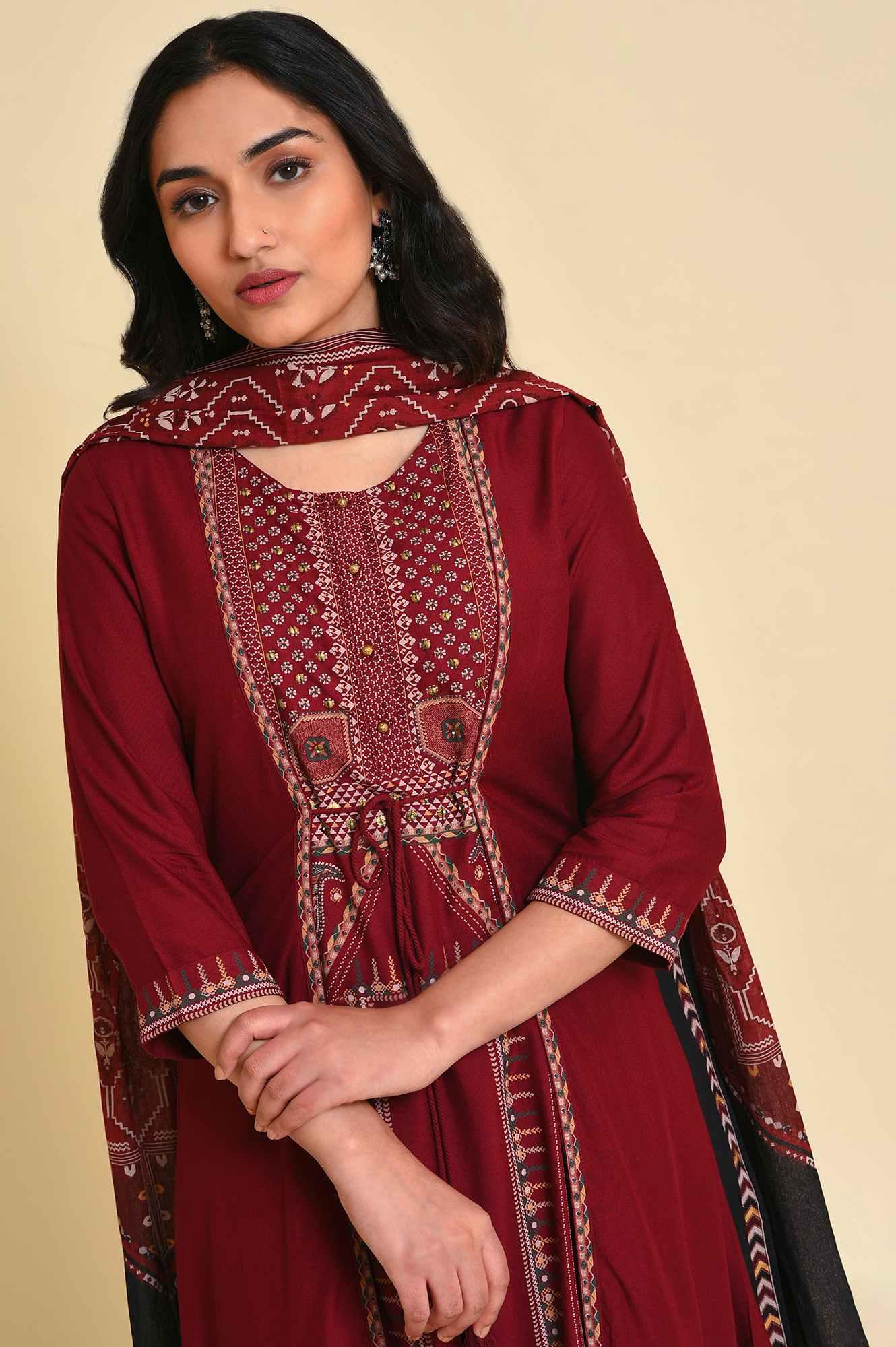 Red Mock Layer kurta Set - wforwoman