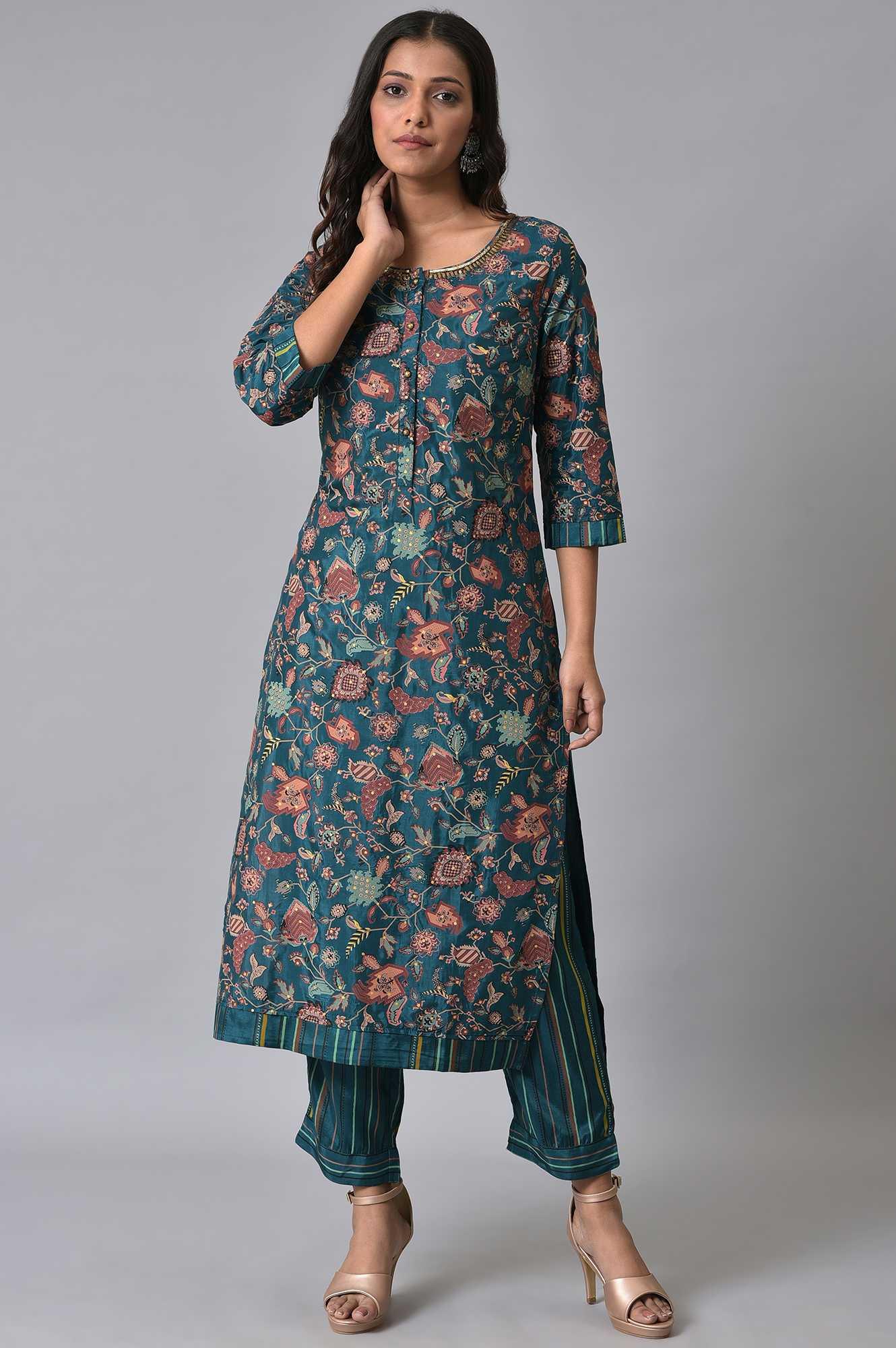 Teal Printed Embellished kurta Pant Set - wforwoman