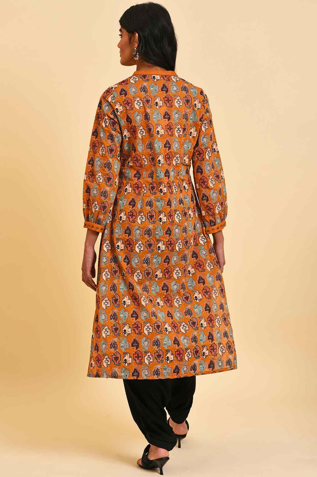 Dark Yellow Printed Shirt Dress Set - wforwoman