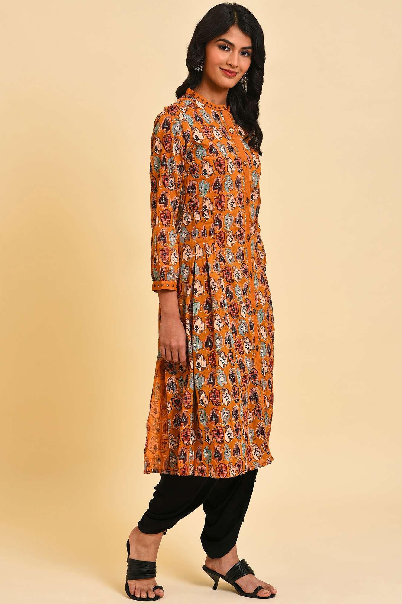 Dark Yellow Printed Shirt Dress Set - wforwoman