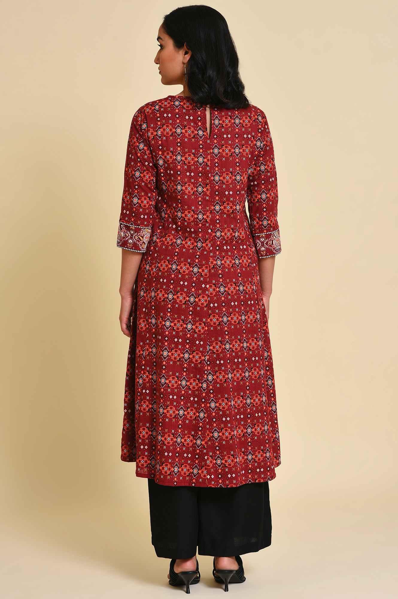 Dark Red A-Line kurta Set - wforwoman