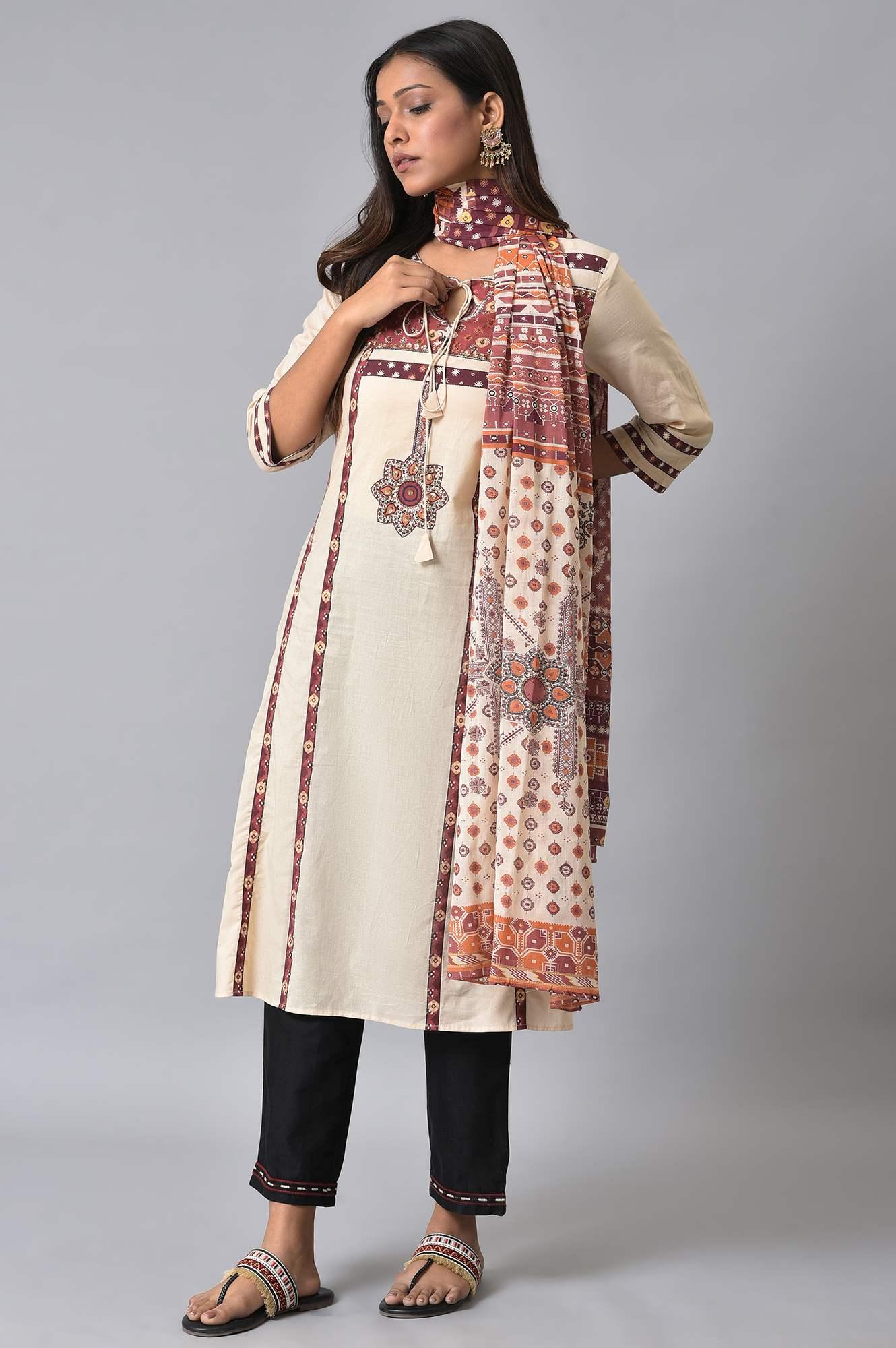 Ecru Straight Printed kurta Set - wforwoman