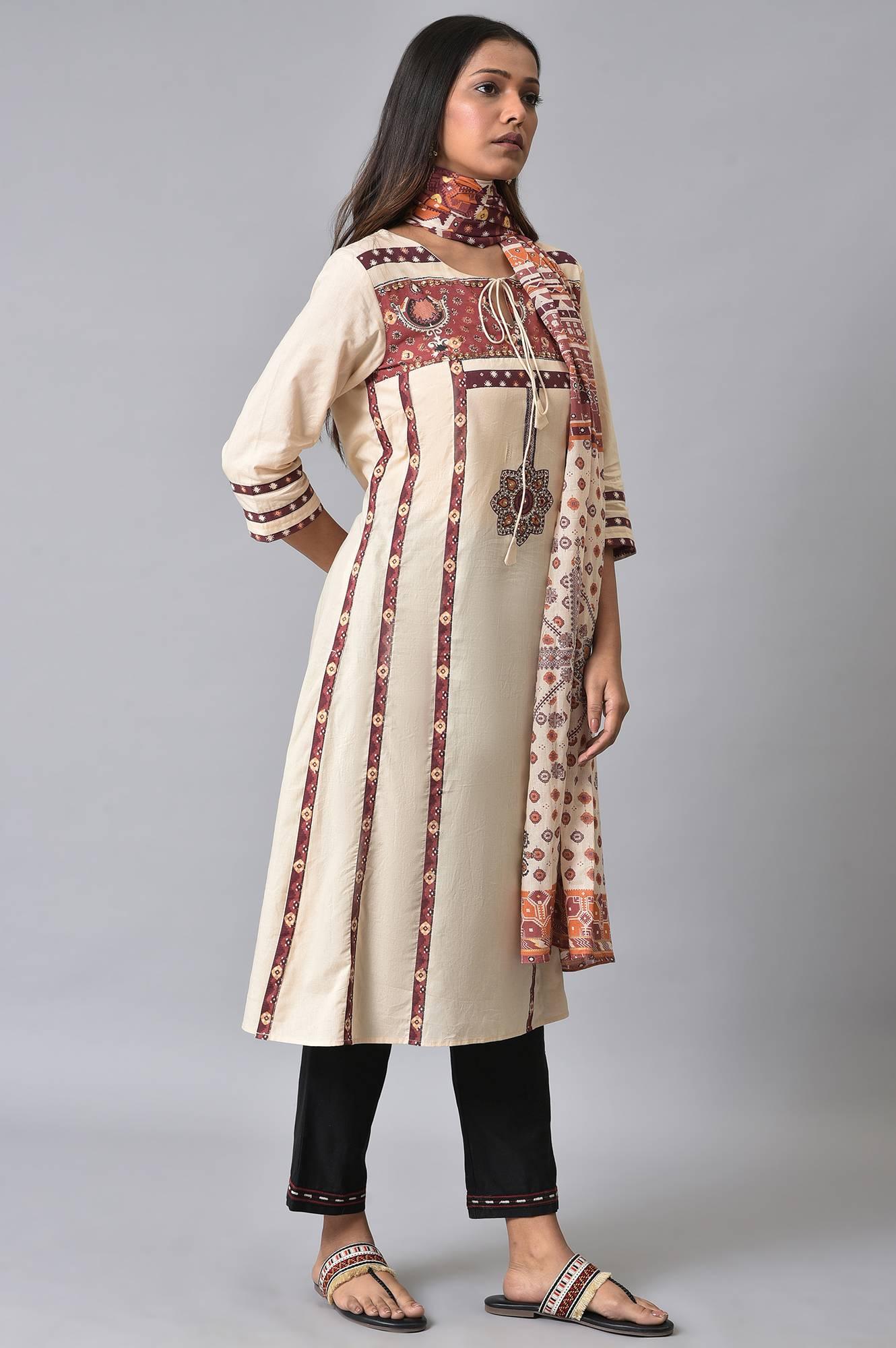 Ecru Straight Printed kurta Set - wforwoman