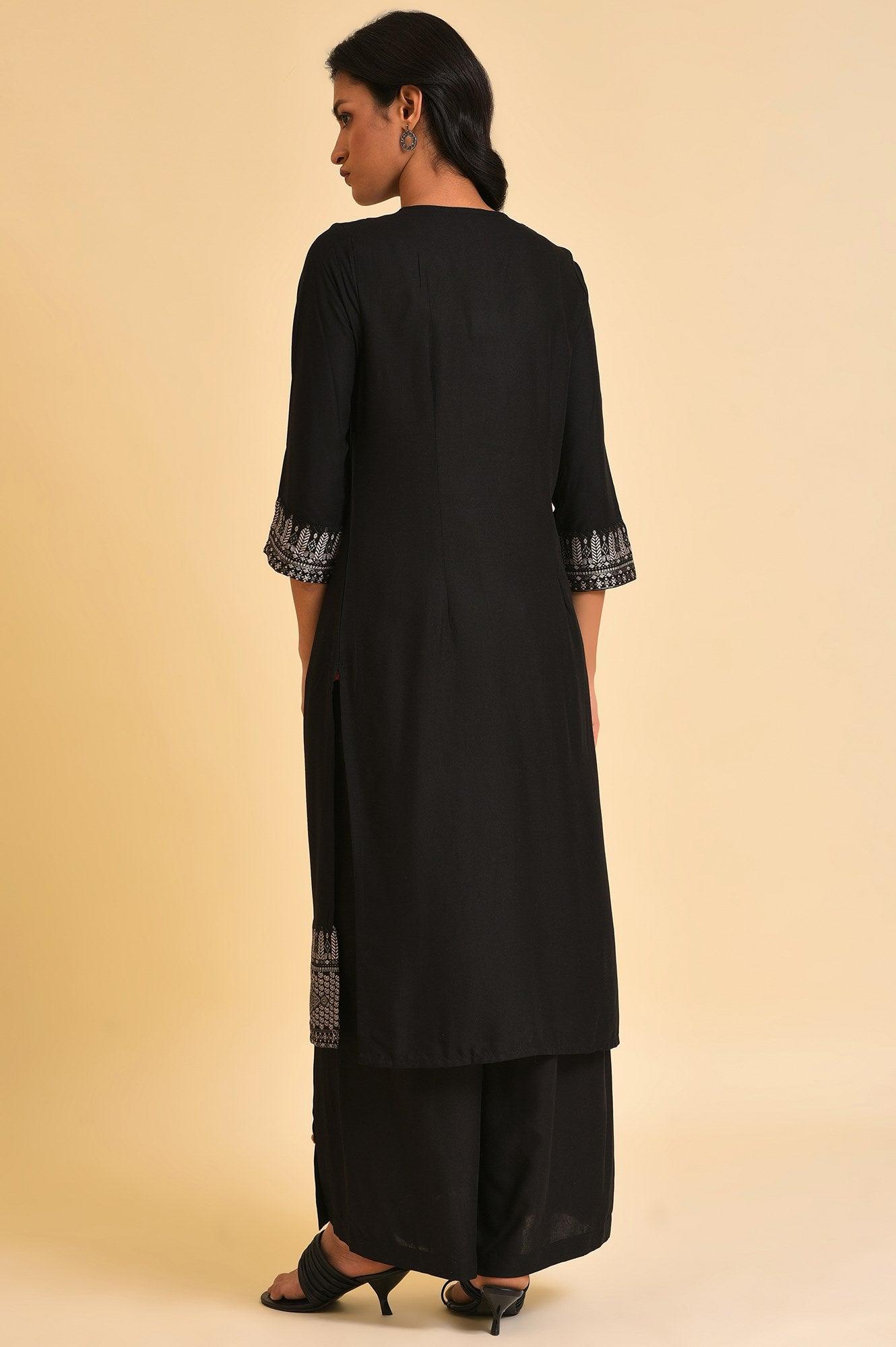 Black Placement Print kurta & Parallel Pants Set - wforwoman