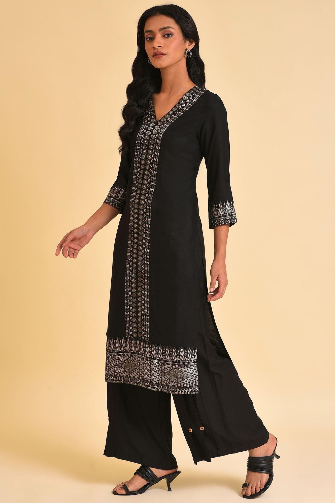 Black Placement Print kurta & Parallel Pants Set - wforwoman