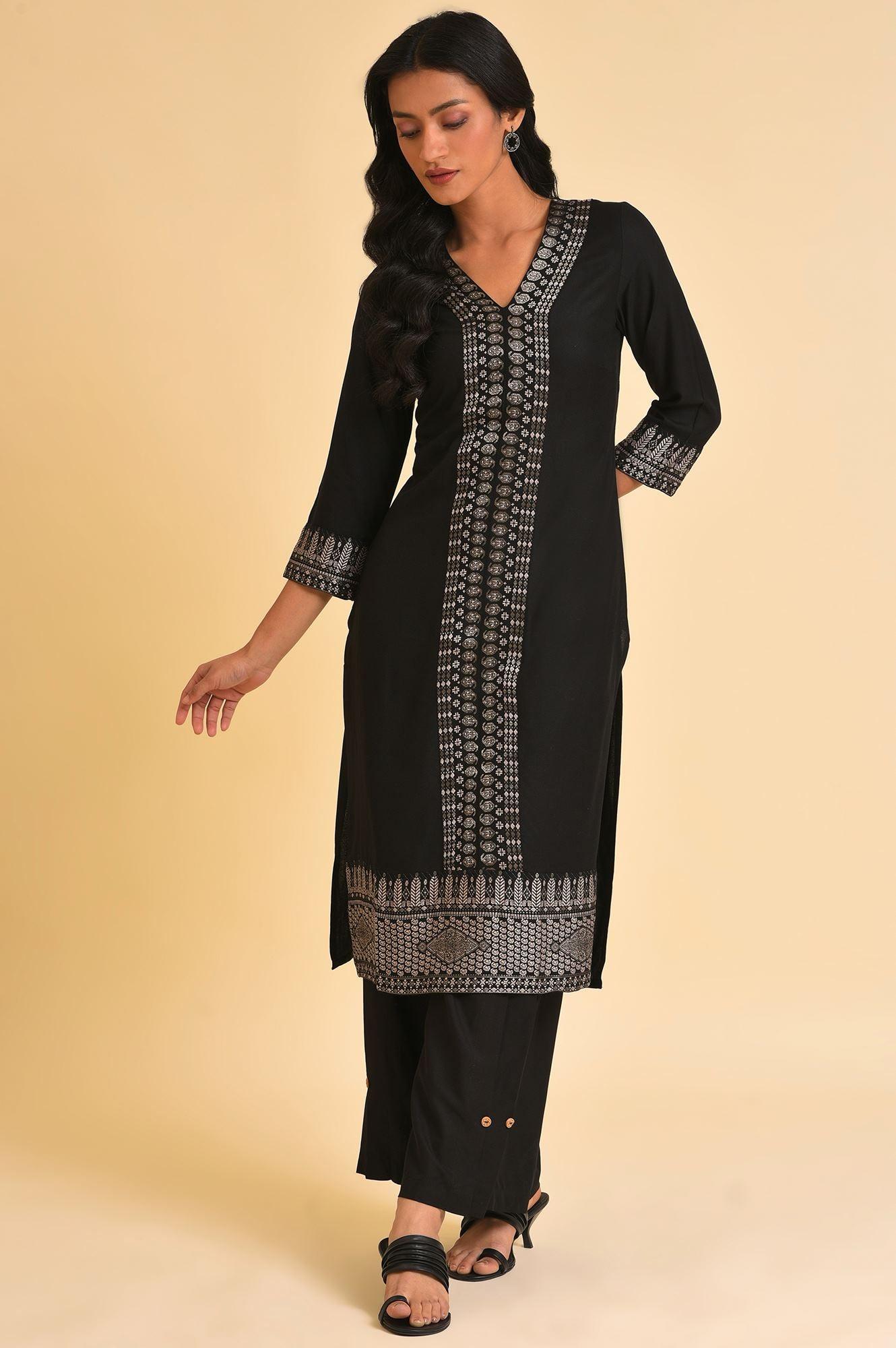 Black Placement Print kurta & Parallel Pants Set - wforwoman