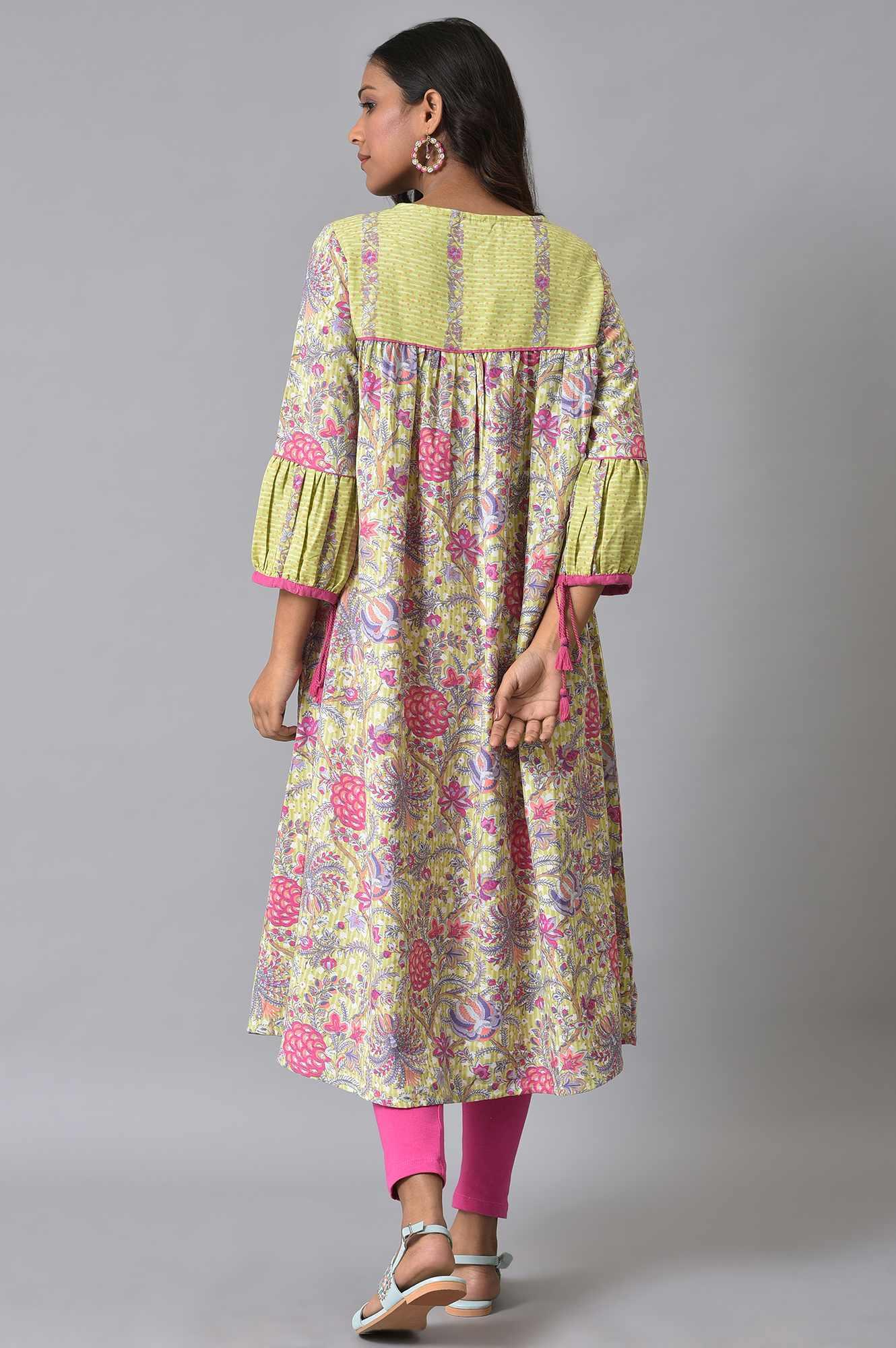 Green Printed Godget Summer Dress With Pink Tights - wforwoman