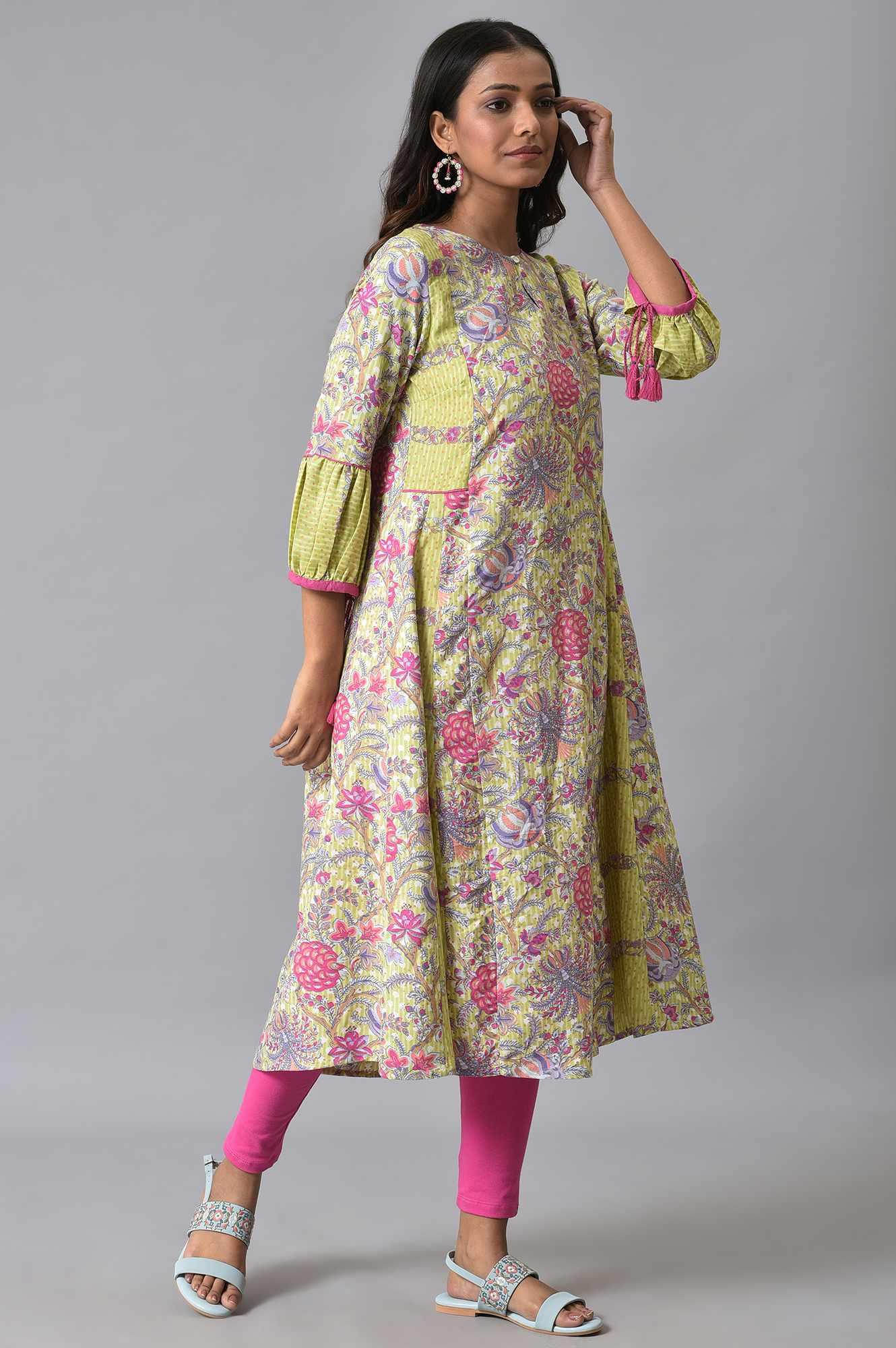 Green Printed Godget Summer Dress With Pink Tights - wforwoman