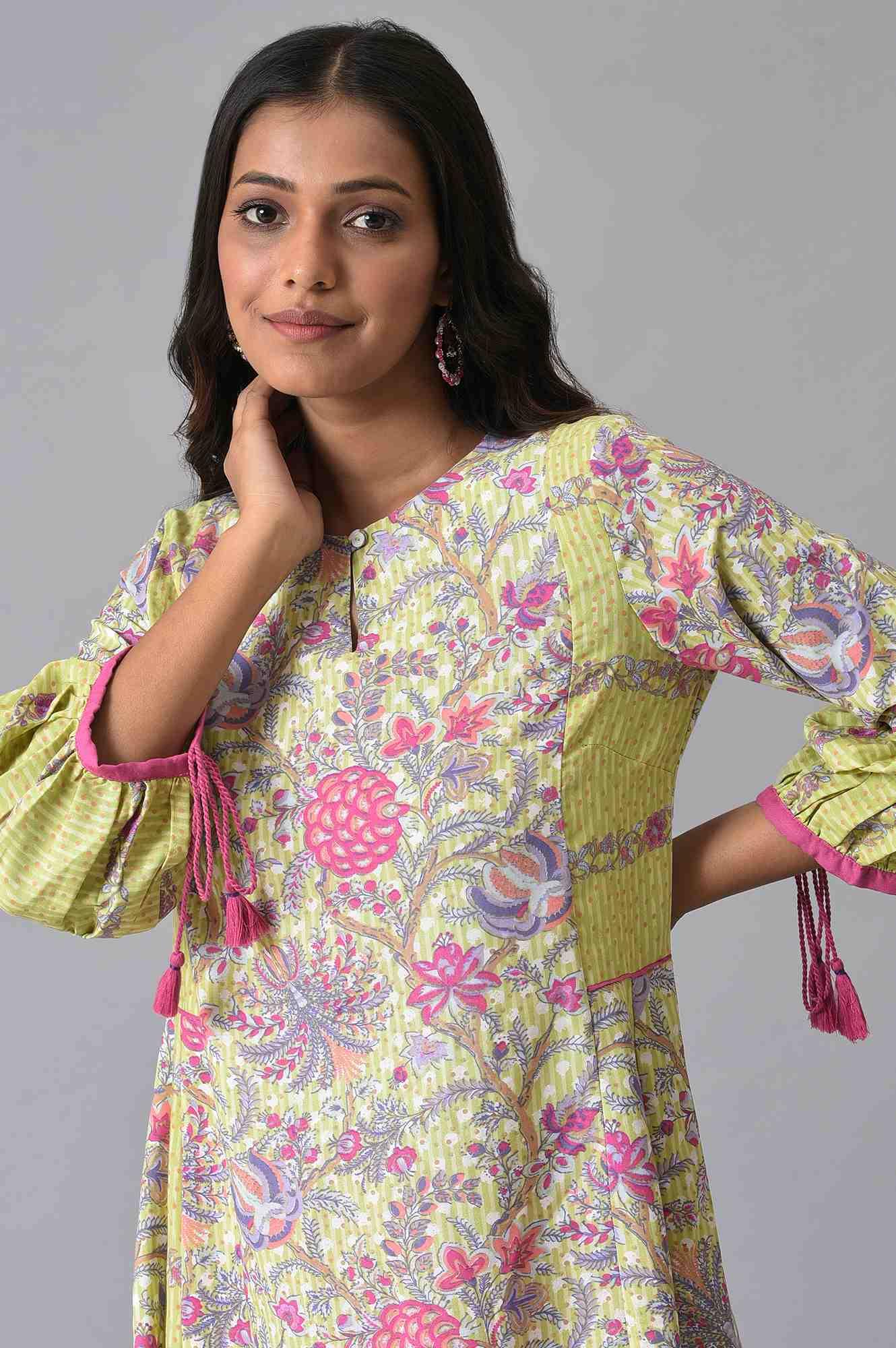 Green Printed Godget Summer Dress With Pink Tights - wforwoman