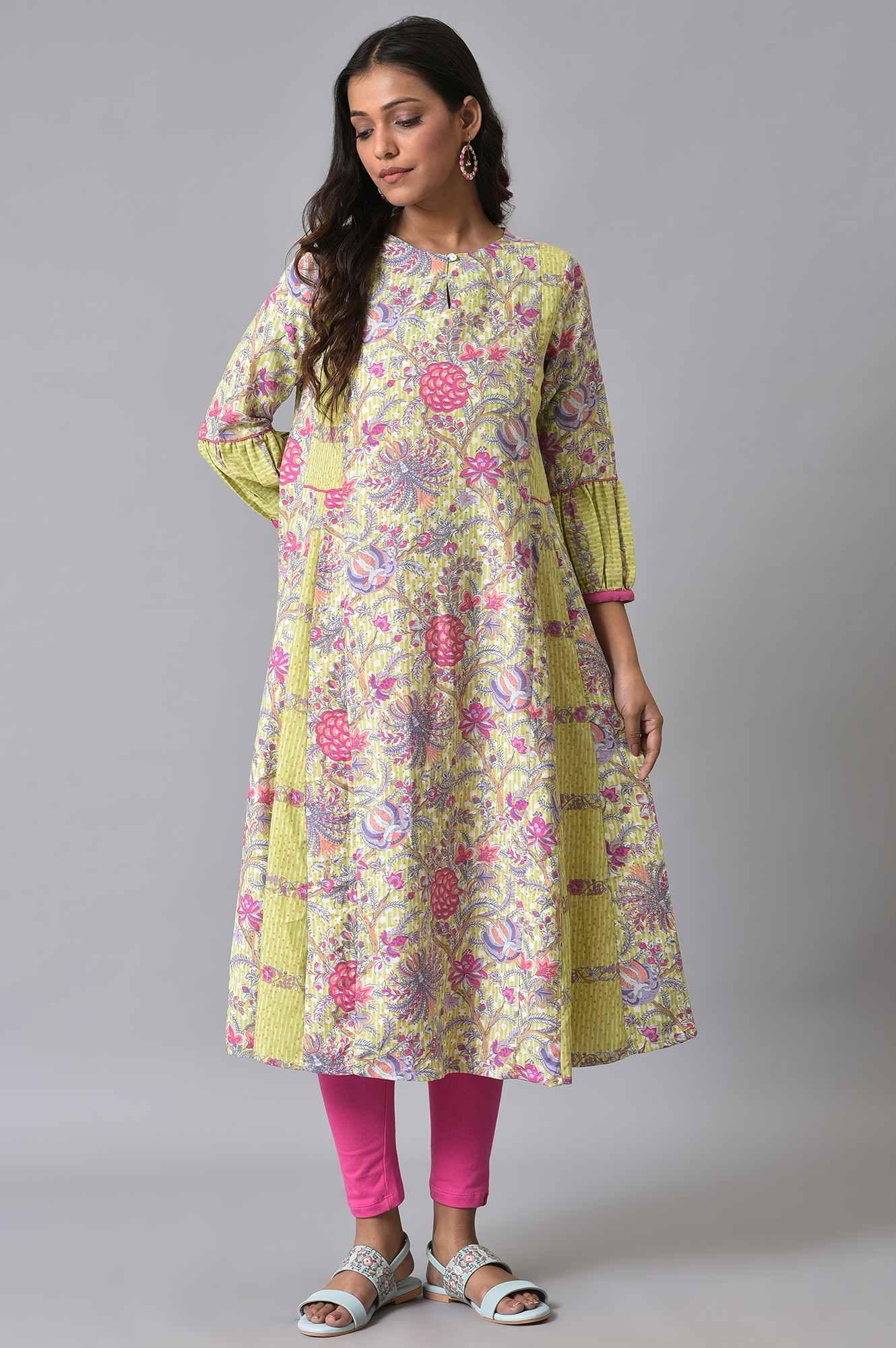 Green Printed Godget Summer Dress With Pink Tights - wforwoman