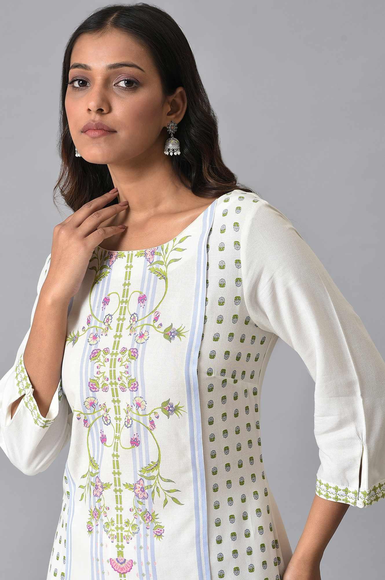Ecru Placement Print kurta Set - wforwoman