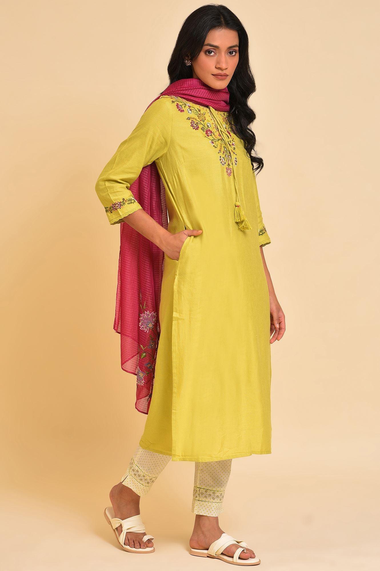 Lime Green Embroidered kurta, Pants And Dupatta Set - wforwoman