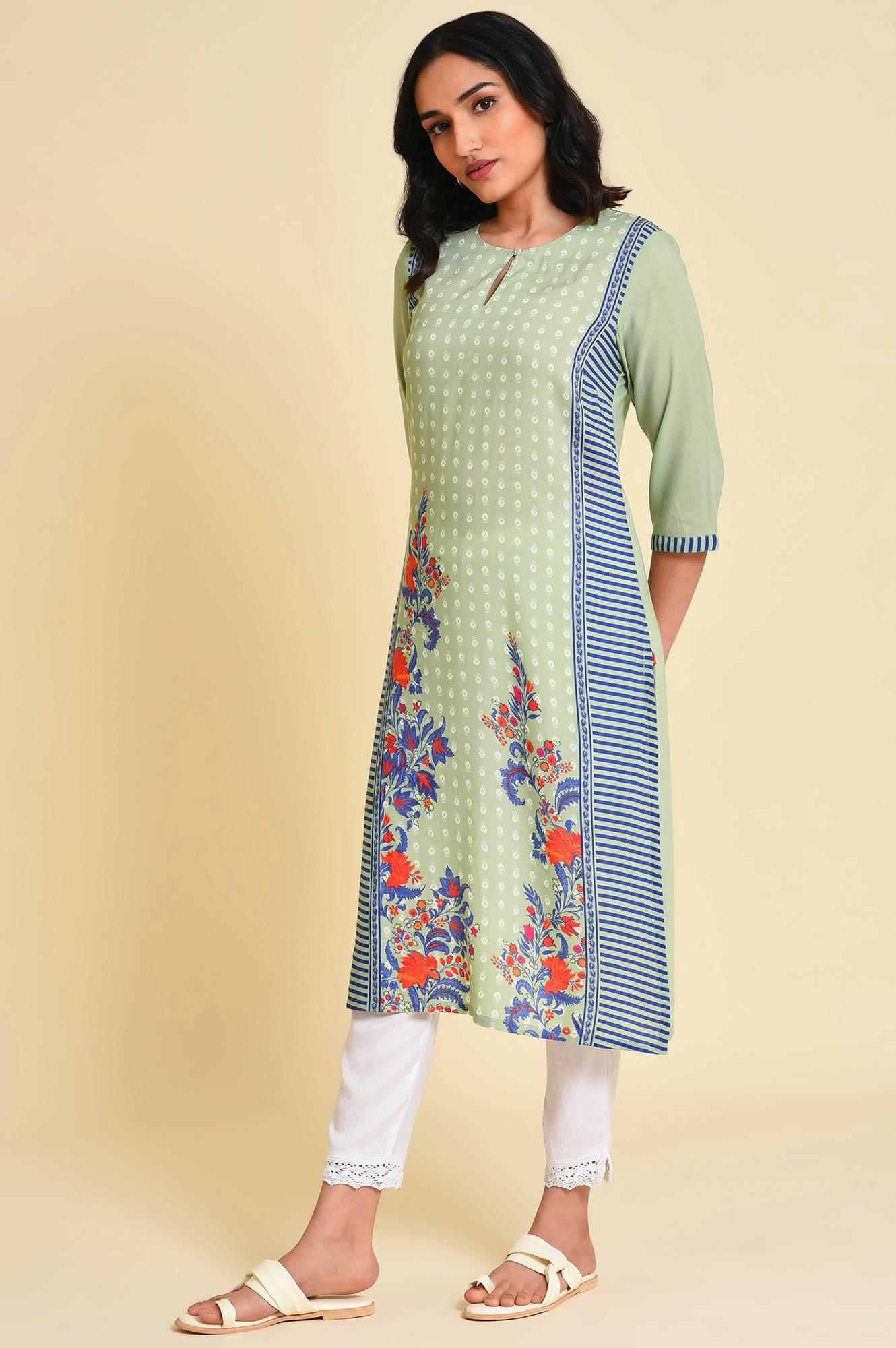 Green Print Mix kurta Set - wforwoman