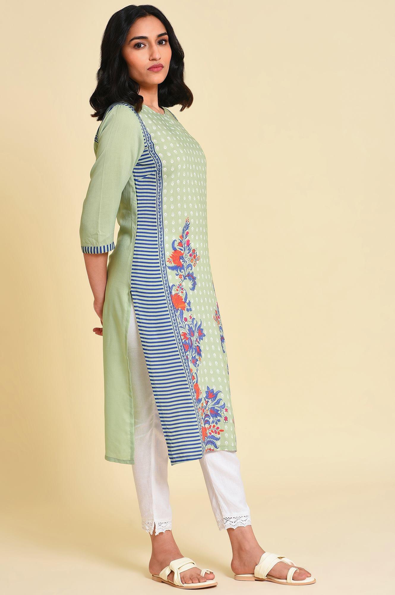 Green Print Mix kurta Set - wforwoman