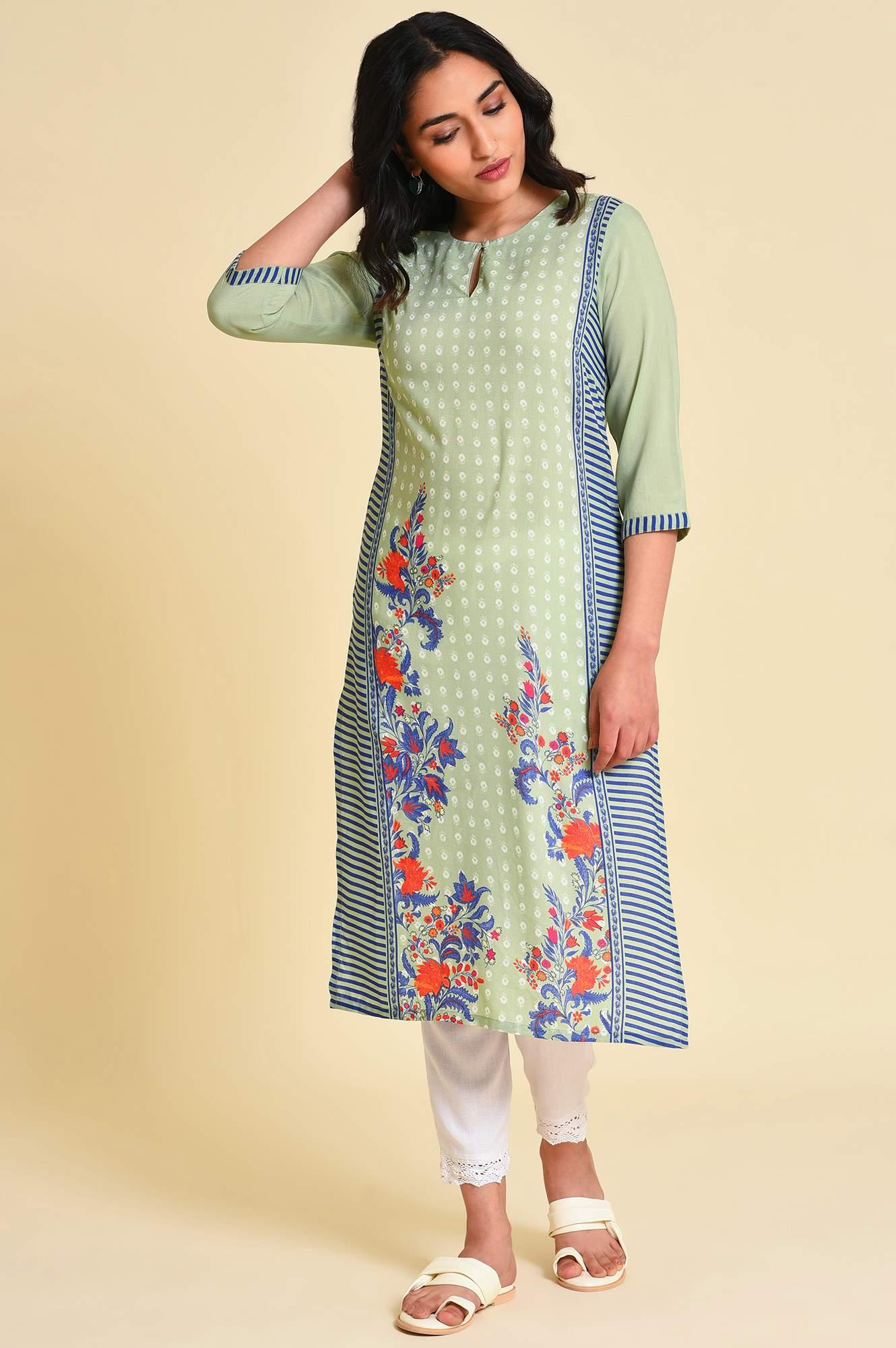 Green Print Mix kurta Set - wforwoman